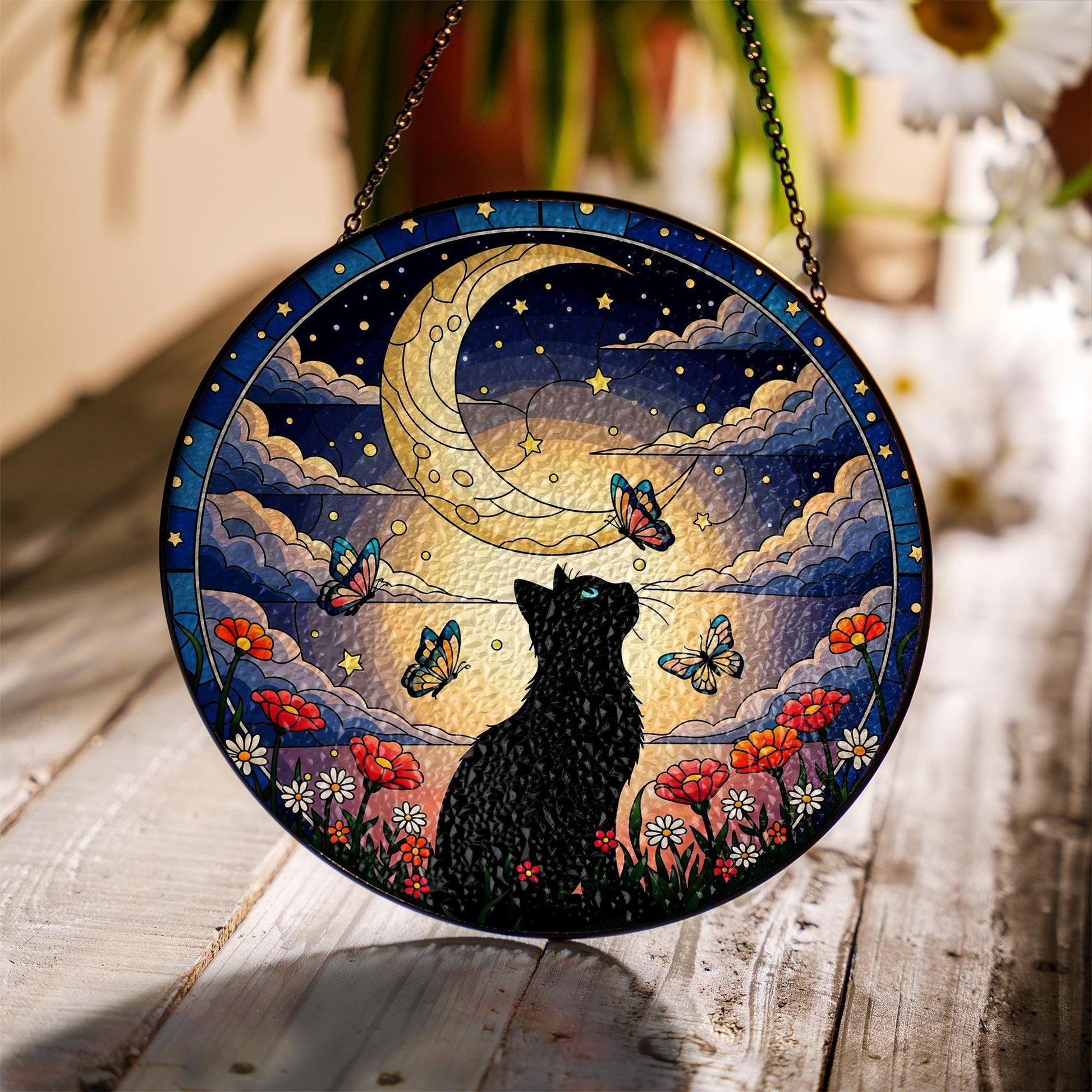 Black Cat Glass Suncatcher, Moon Butterfly Window Decor, Floral Night Sky Art, Gift for Cat Lovers, Handmade Stained Glass