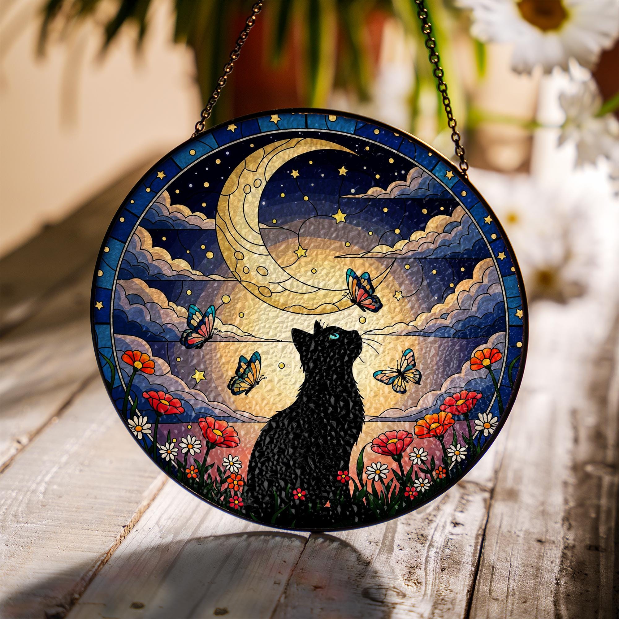 Black Cat Glass Suncatcher, Moon Butterfly Window Decor, Floral Night Sky Art, Gift for Cat Lovers, Handmade Stained Glass