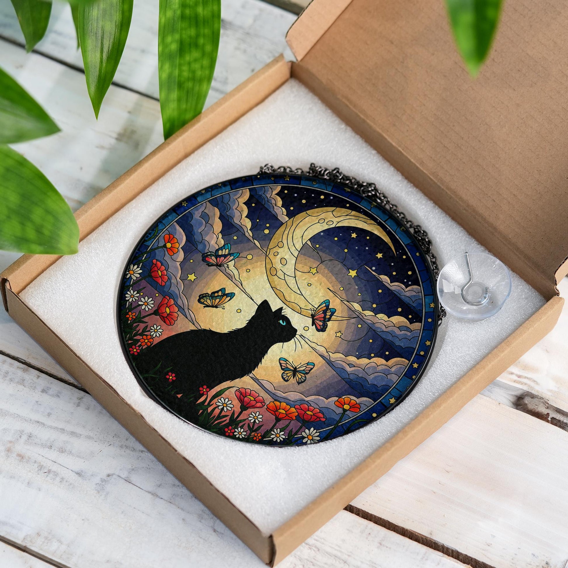 Black Cat Glass Suncatcher, Moon Butterfly Window Decor, Floral Night Sky Art, Gift for Cat Lovers, Handmade Stained Glass