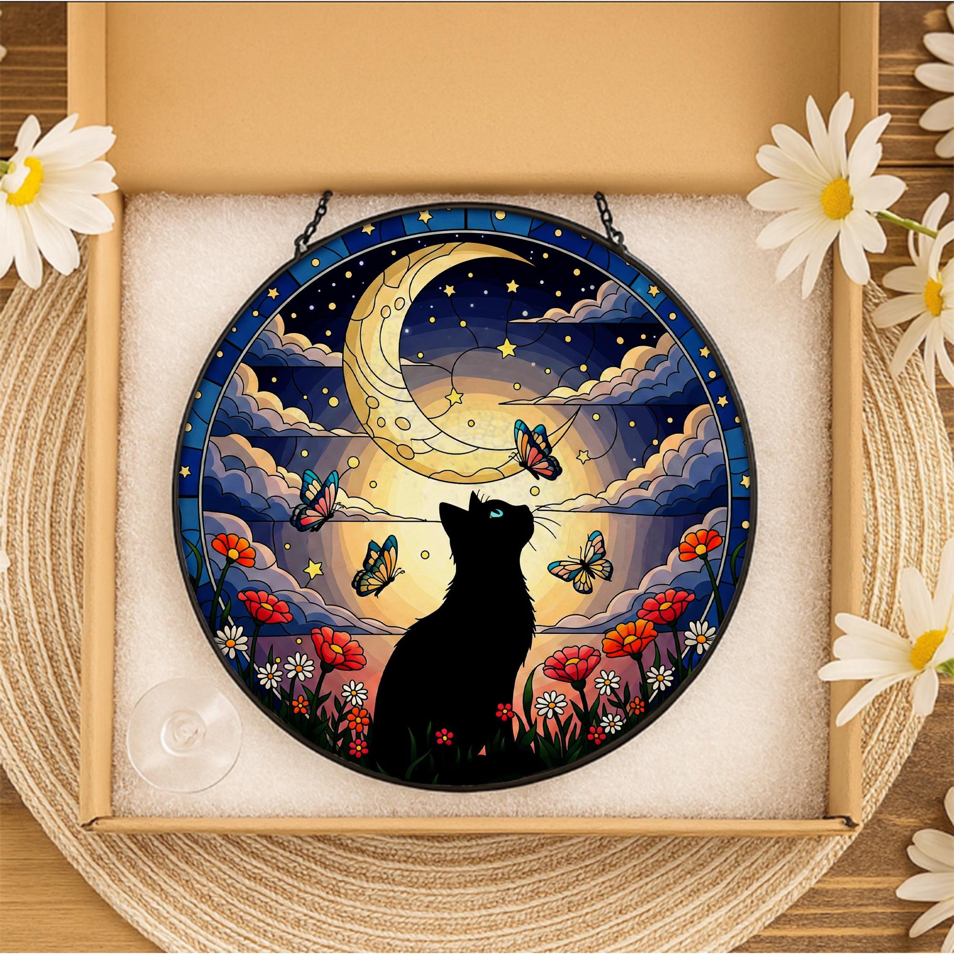 Black Cat Glass Suncatcher, Moon Butterfly Window Decor, Floral Night Sky Art, Gift for Cat Lovers, Handmade Stained Glass