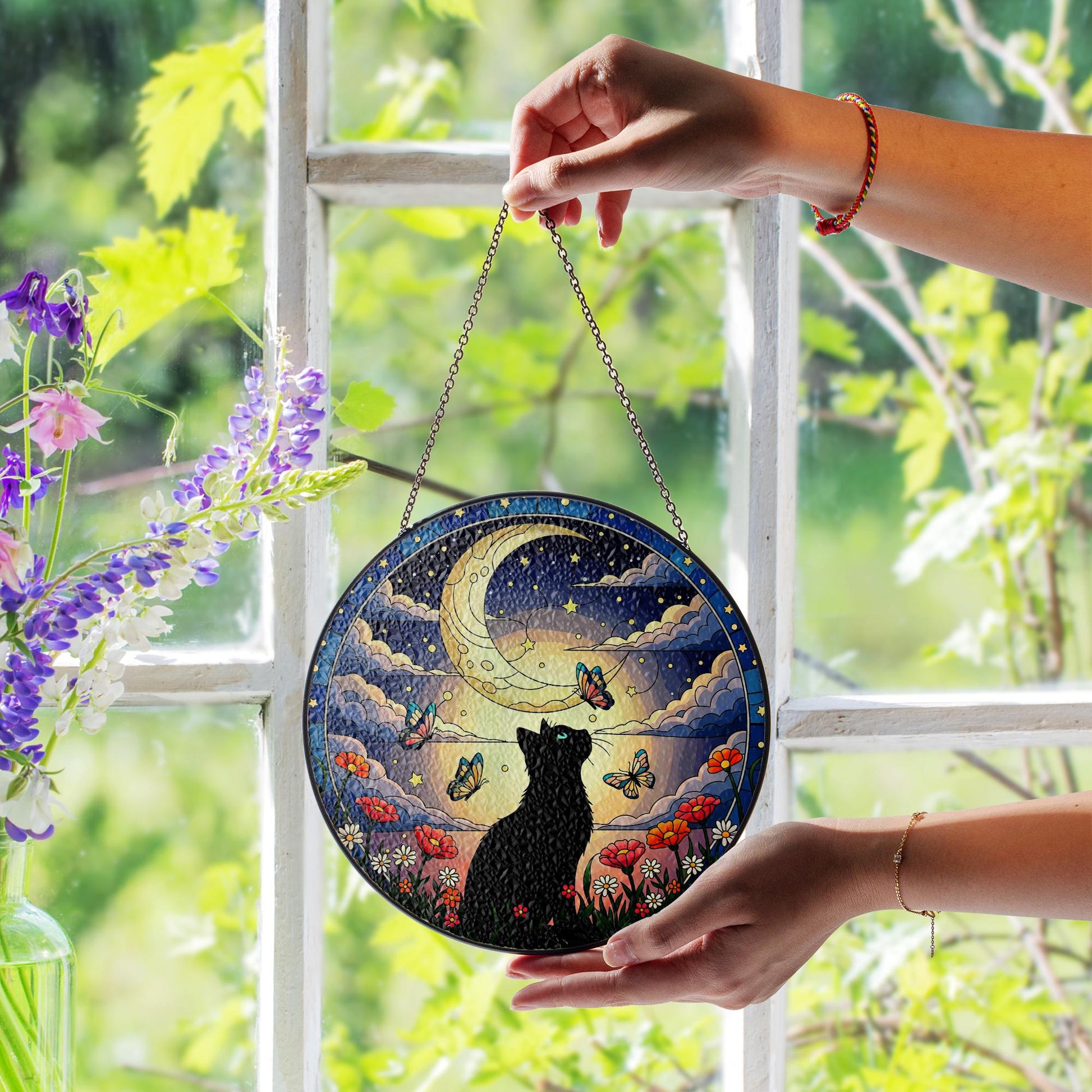 Black Cat Glass Suncatcher, Moon Butterfly Window Decor, Floral Night Sky Art, Gift for Cat Lovers, Handmade Stained Glass