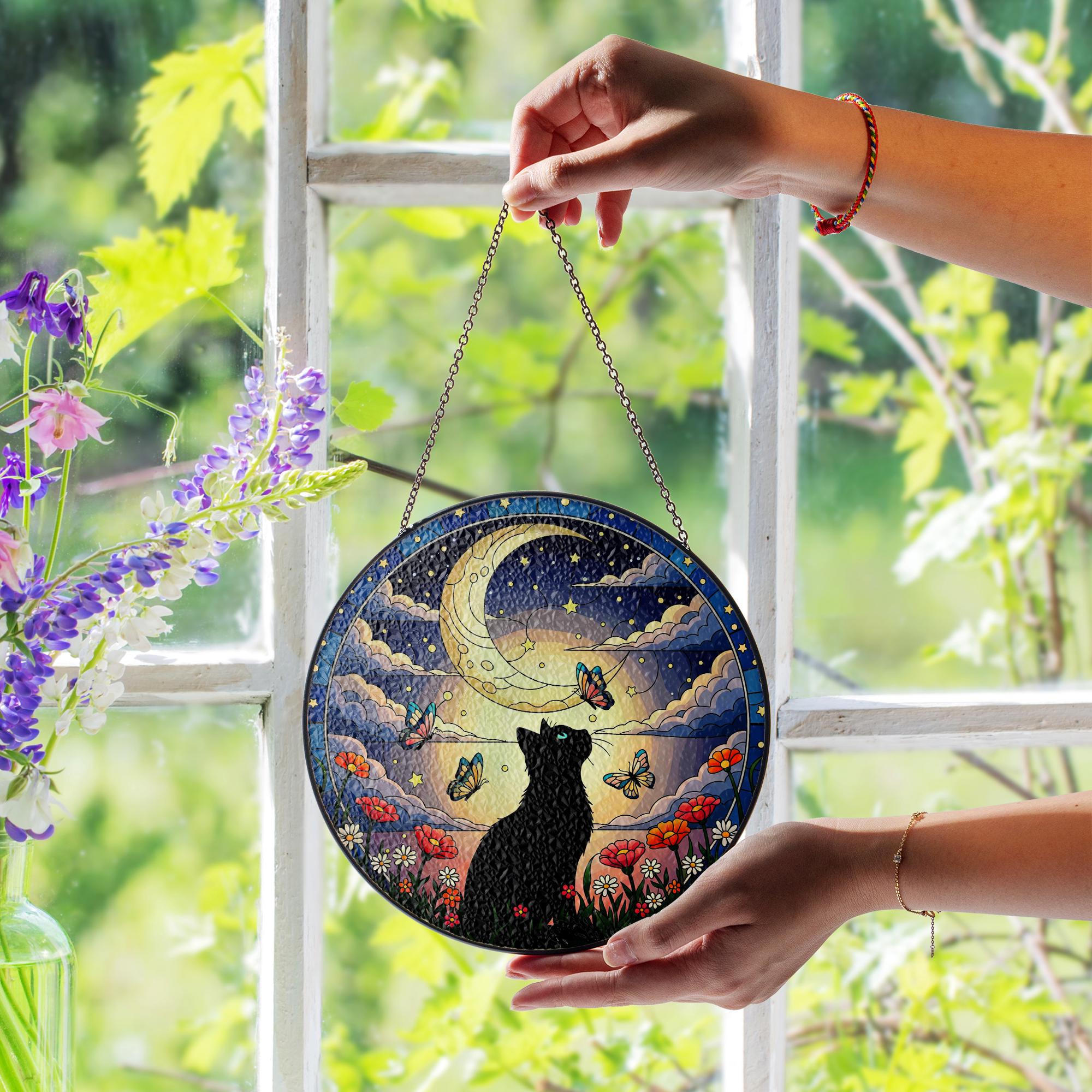 Black Cat Glass Suncatcher, Moon Butterfly Window Decor, Floral Night Sky Art, Gift for Cat Lovers, Handmade Stained Glass