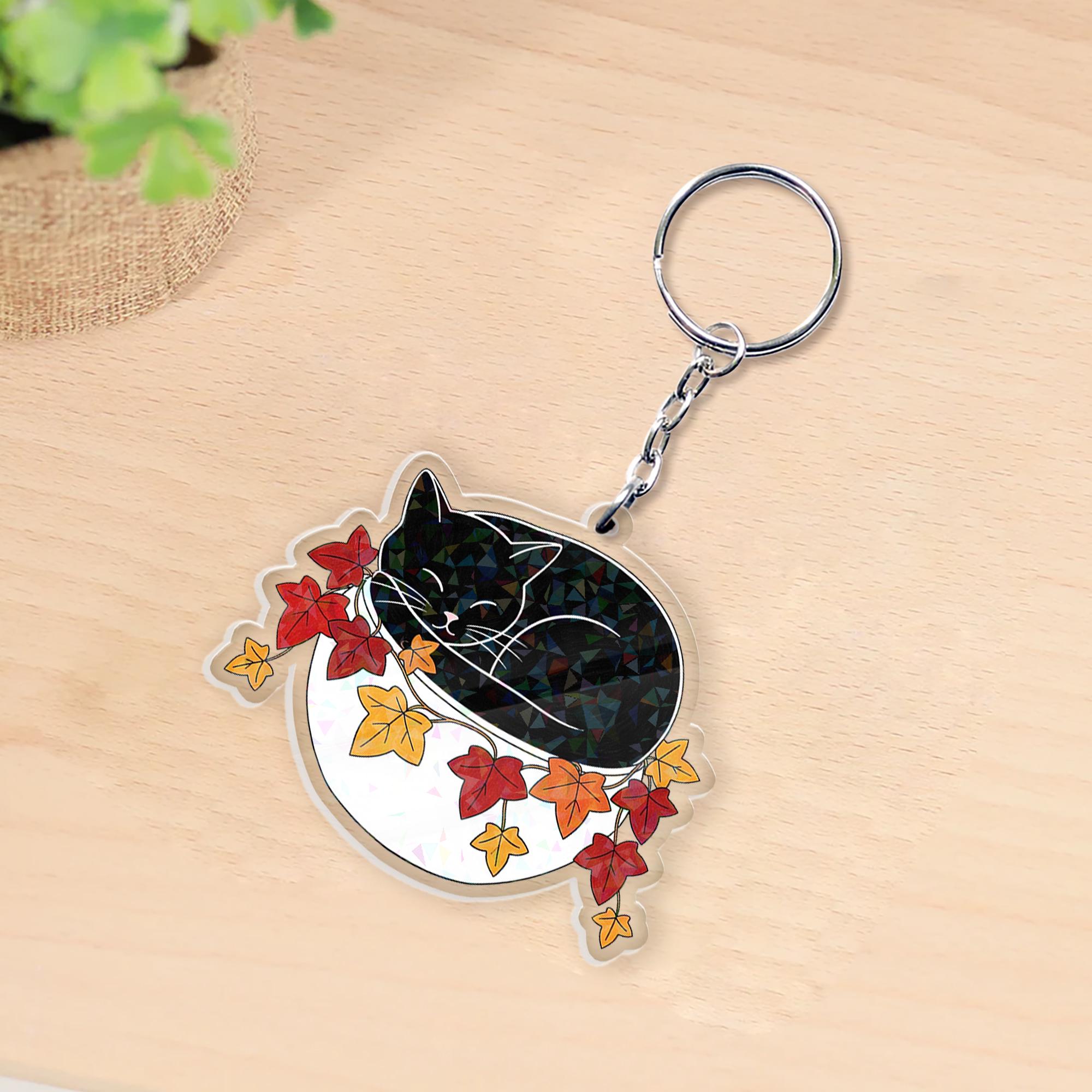 Holographic Black Cat Keychain: Autumn Leaves Acrylic Charm