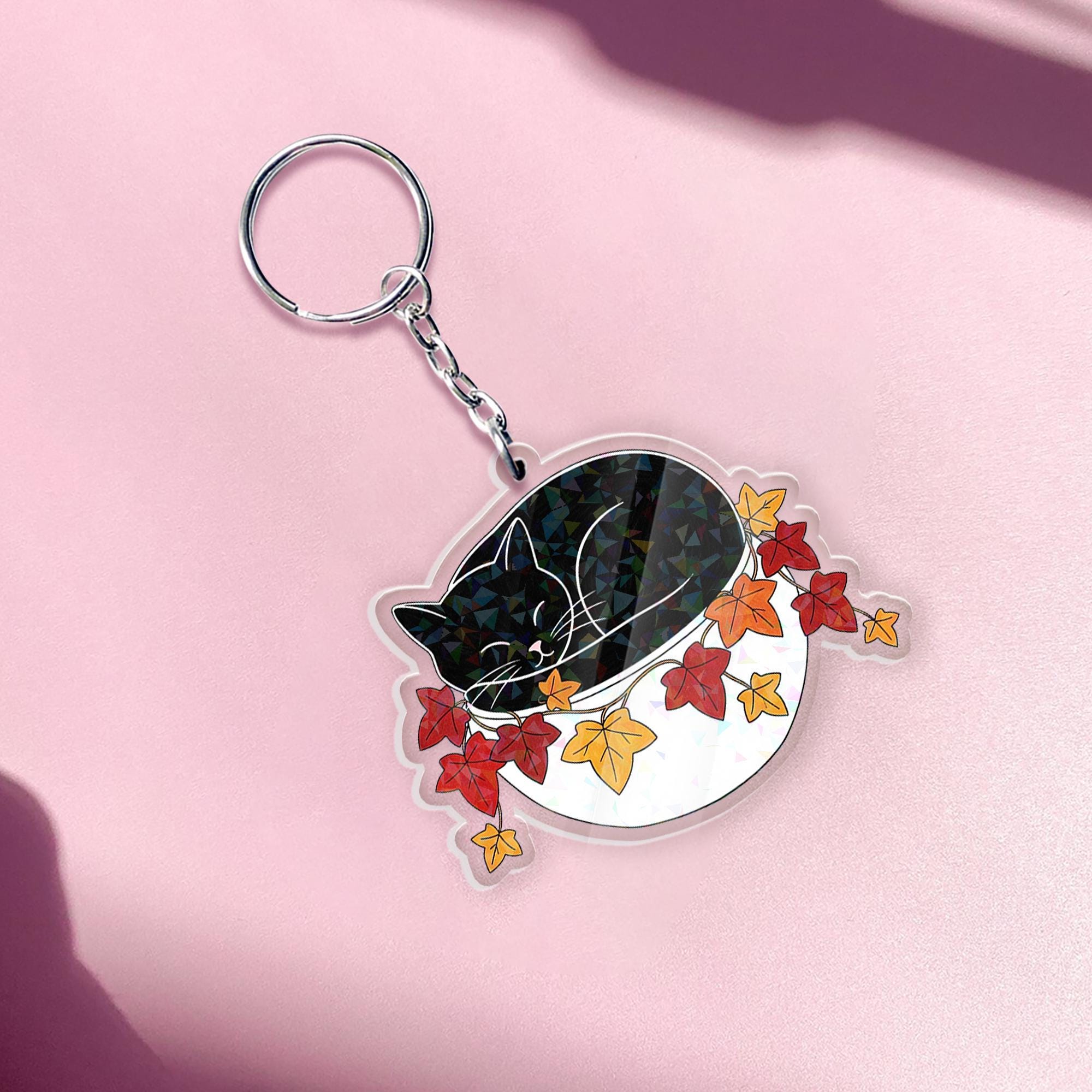 Holographic Black Cat Keychain: Autumn Leaves Acrylic Charm
