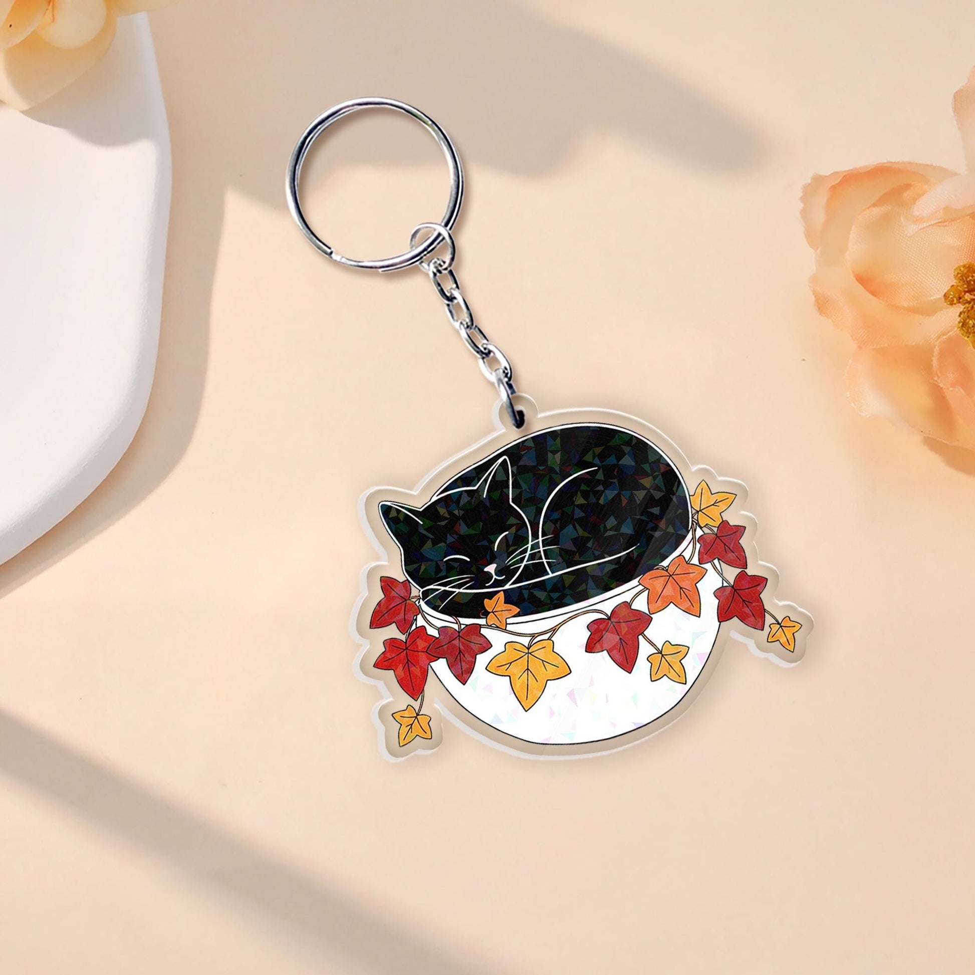 Holographic Black Cat Keychain: Autumn Leaves Acrylic Charm