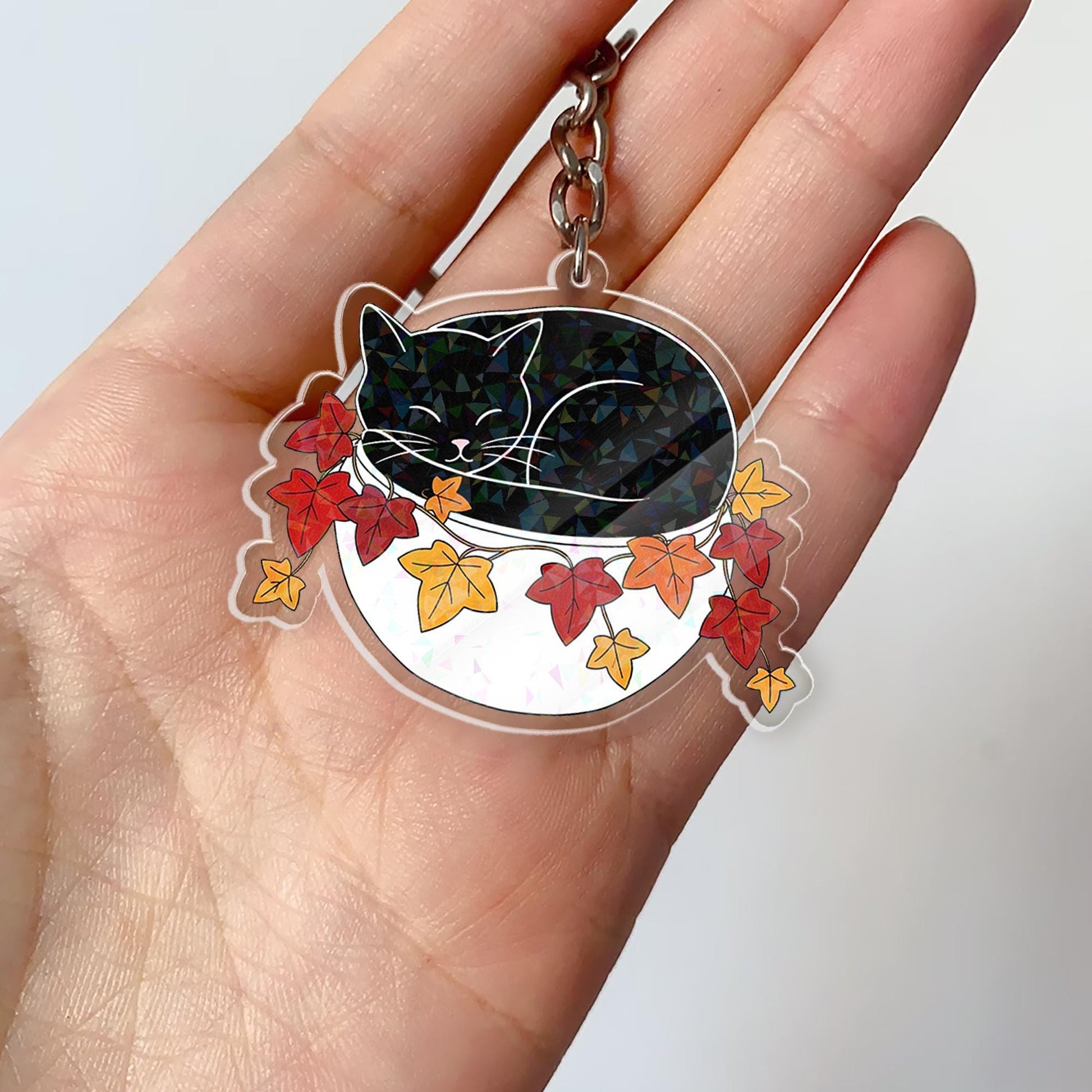 Holographic Black Cat Keychain: Autumn Leaves Acrylic Charm
