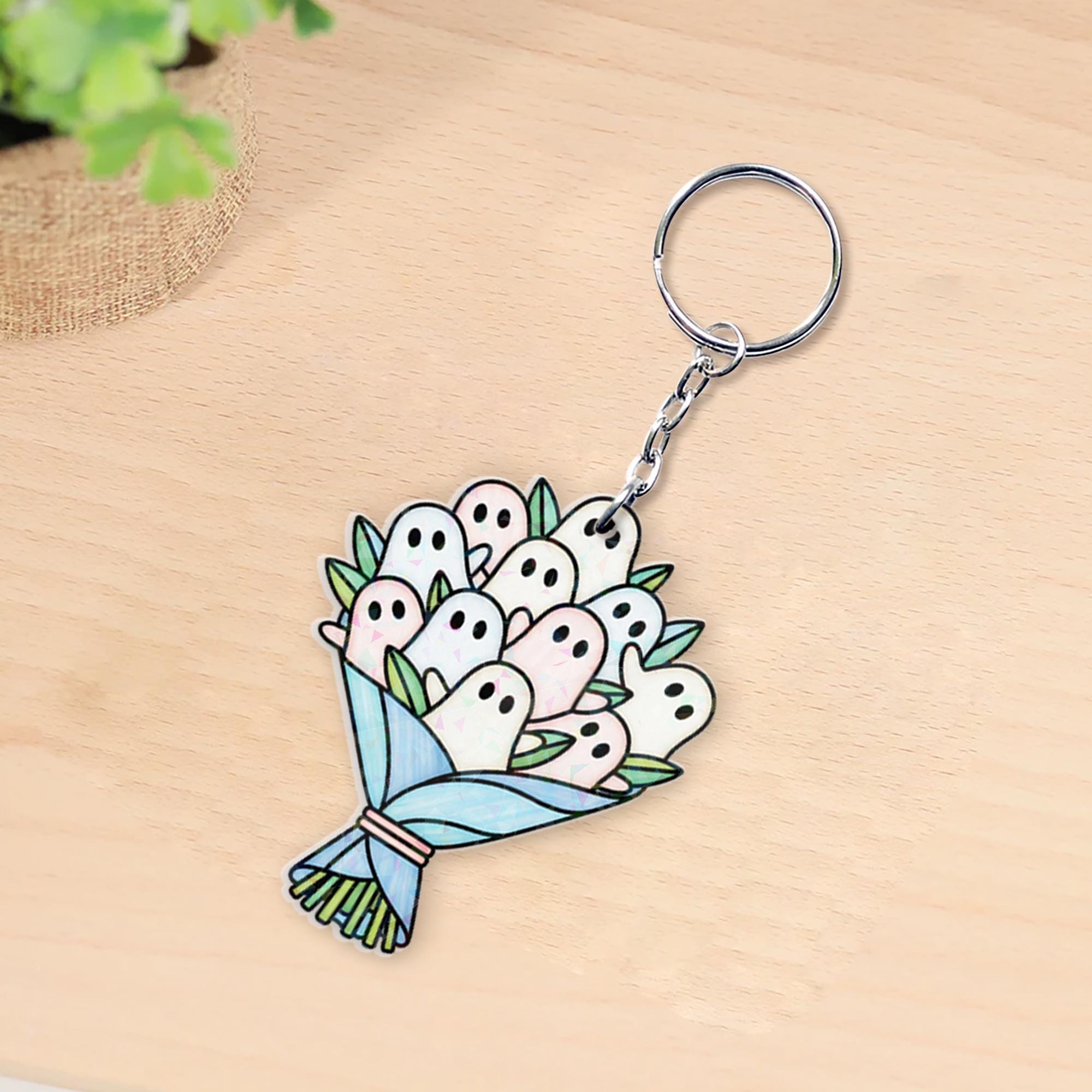 Cute Ghost Bouquet Keychain | Spooky Acrylic Charm | Halloween Gift for Ghost Lovers | Kawaii Accessory with Floral Design