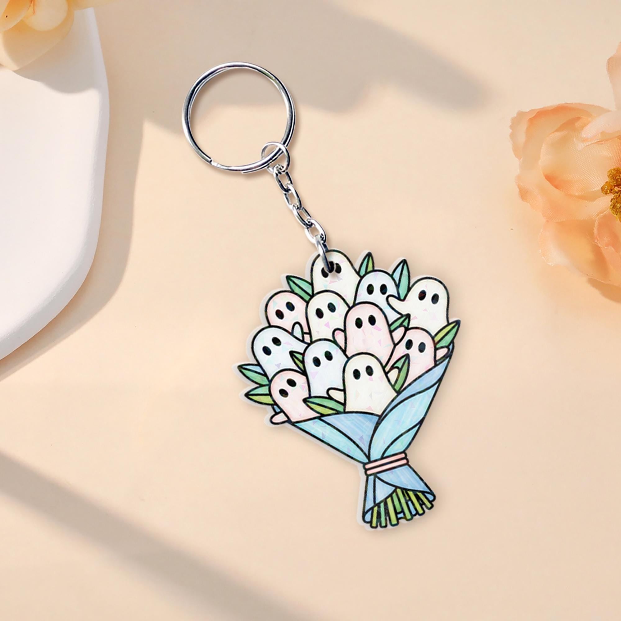 Cute Ghost Bouquet Keychain | Spooky Acrylic Charm | Halloween Gift for Ghost Lovers | Kawaii Accessory with Floral Design
