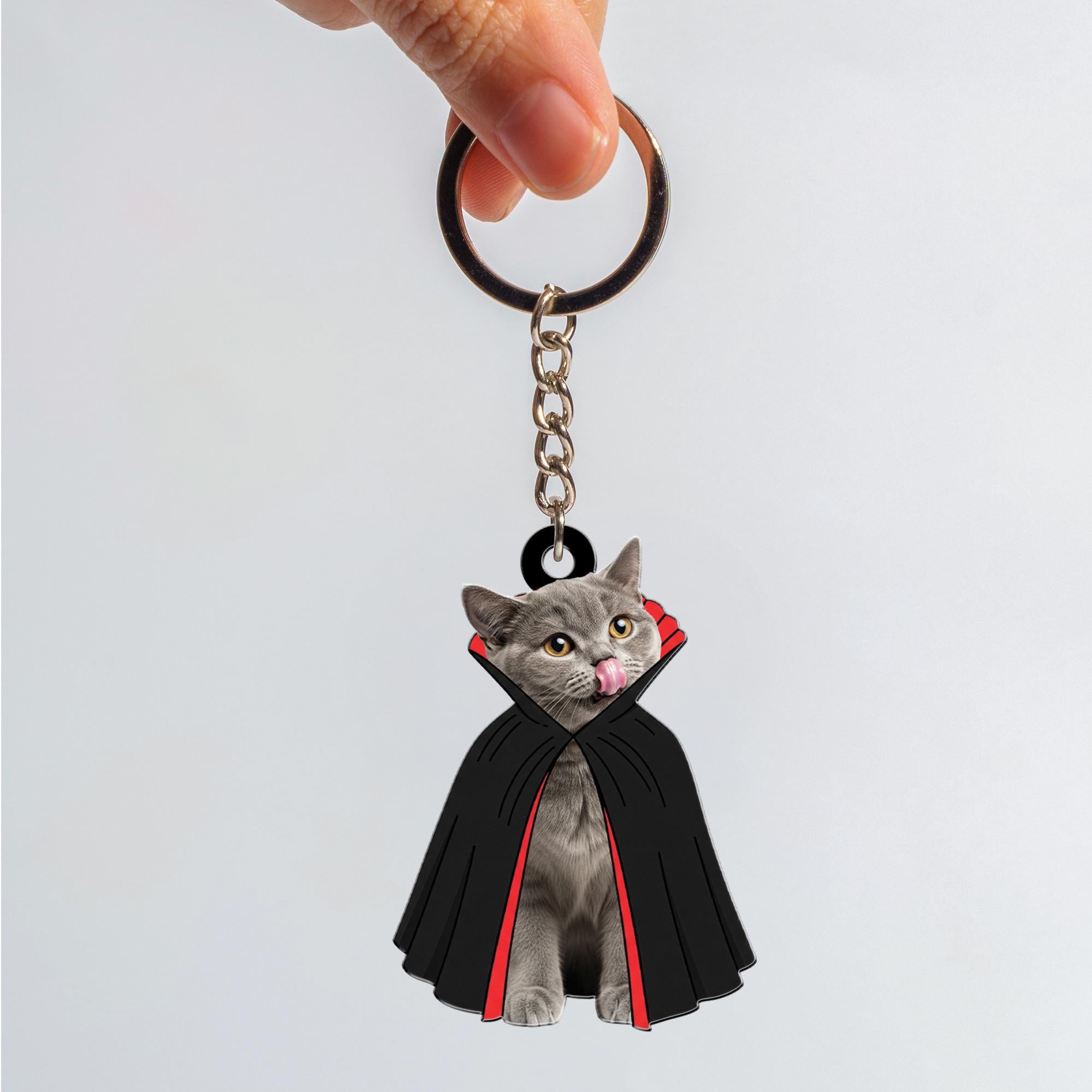 Custom Pet Photo Keychain | Personalized Cat Keychain in Vampire Costume | Funny Halloween Gift for Cat Lovers & Pet Owners