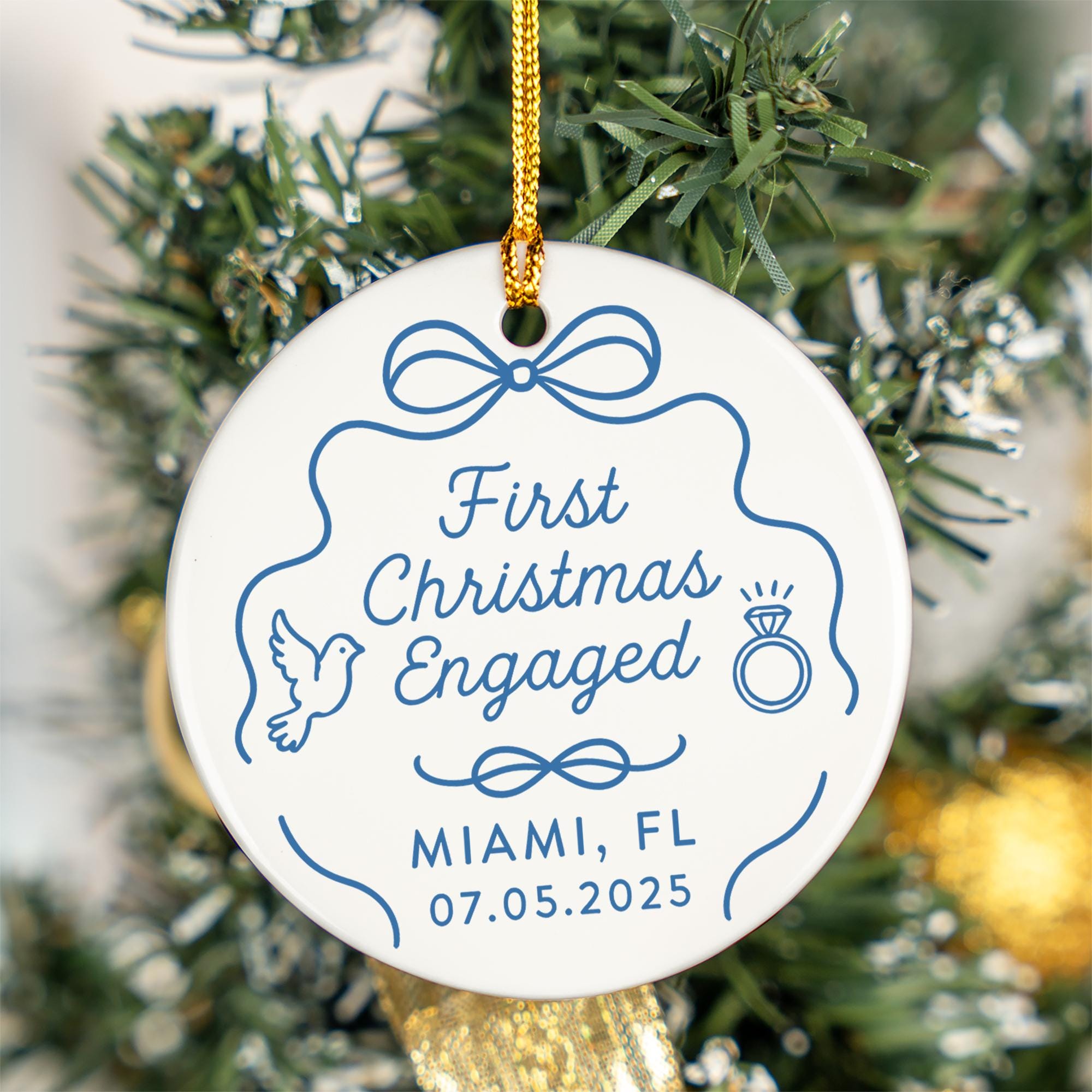 Engagement Ornament – Custom Ceramic First Christmas Engaged Keepsake Gift