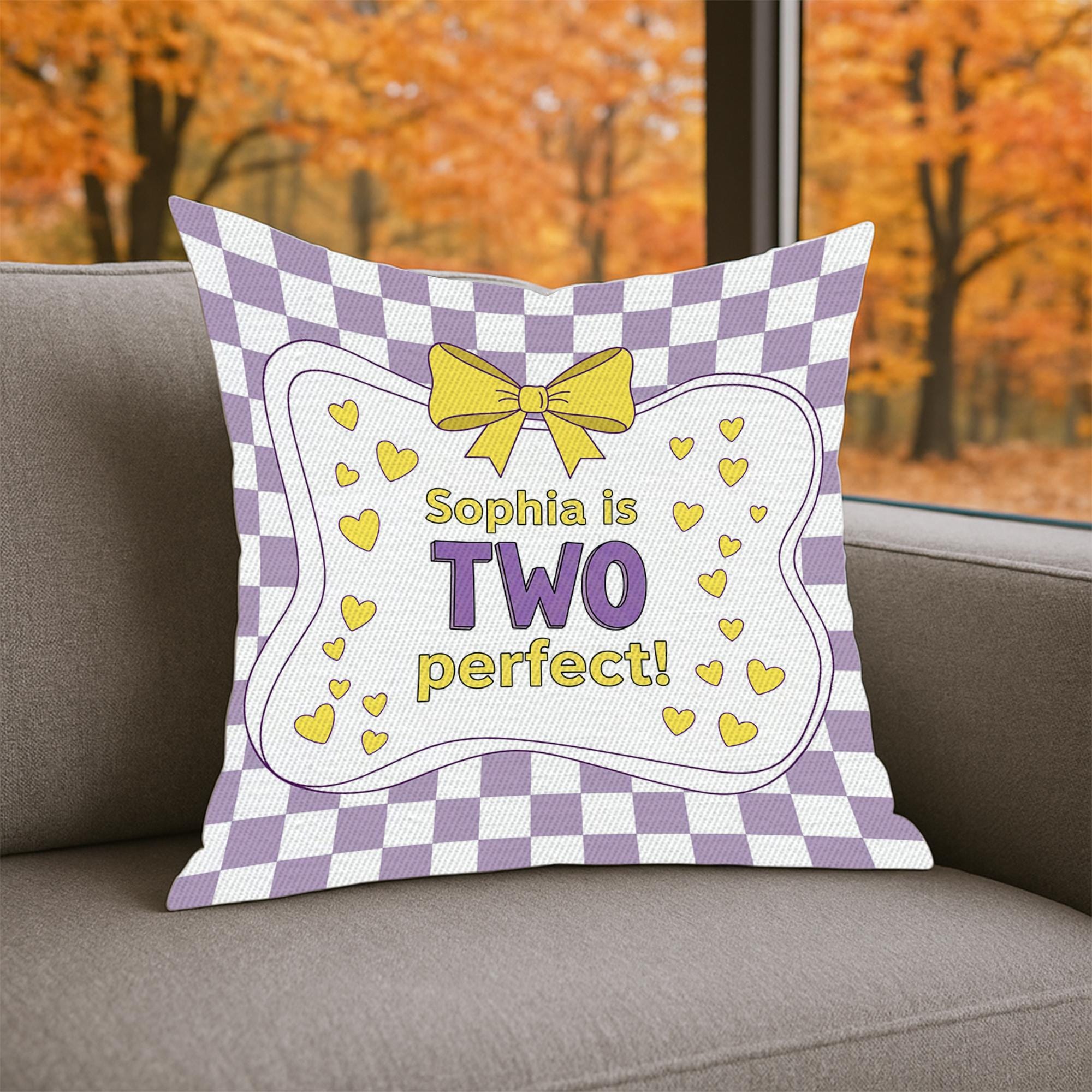 Personalized 2nd Birthday Pillow: Purple & Yellow Party Decor