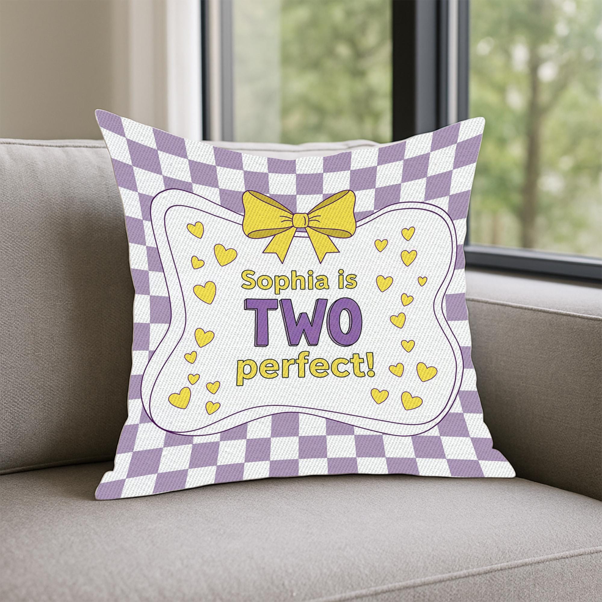 Personalized 2nd Birthday Pillow: Purple & Yellow Party Decor
