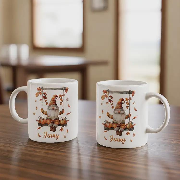 Personalized Fall Gnome Mug: Custom Name Coffee Cup, Autumn Decor
