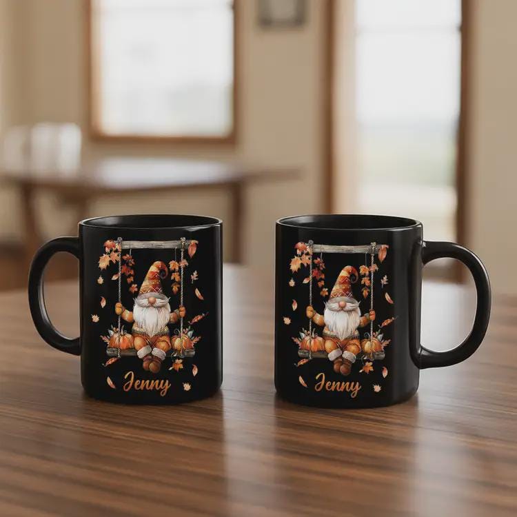 Personalized Fall Gnome Mug: Custom Name Coffee Cup, Autumn Decor
