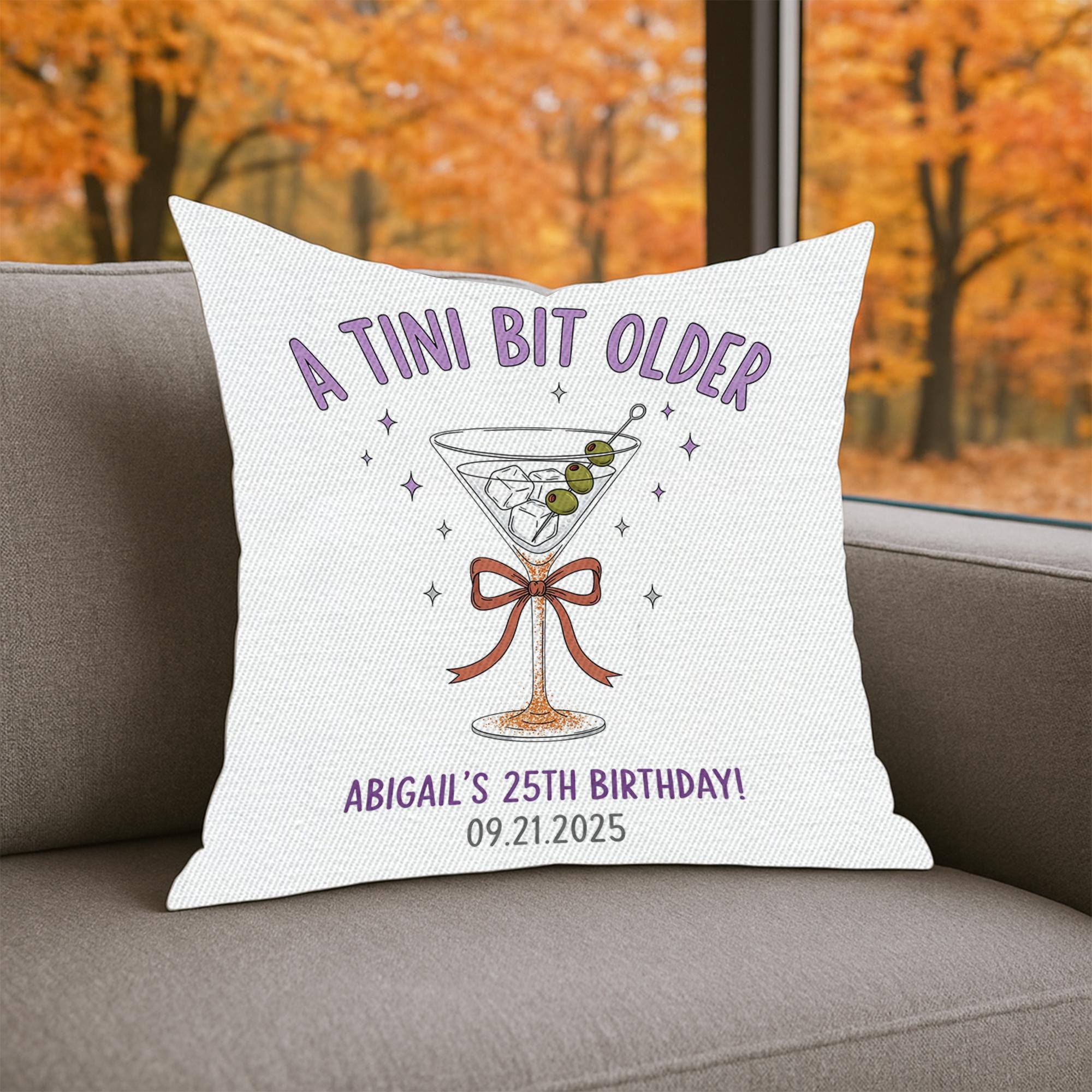 Personalized Martini Birthday Pillow: Custom Name & Age, USA Made