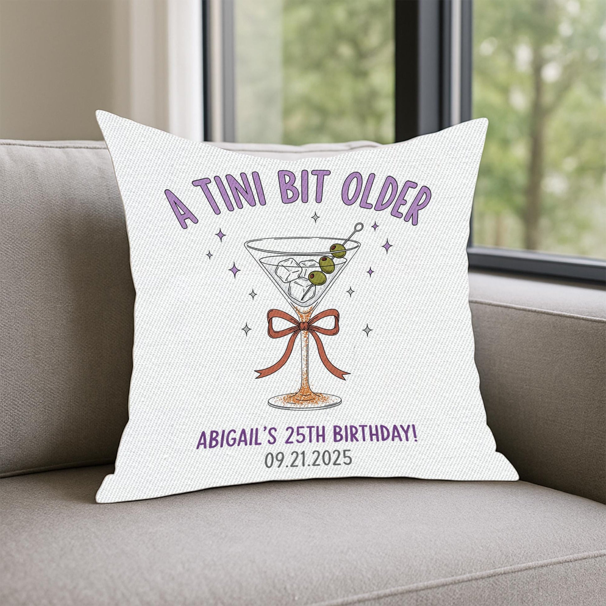 Personalized Martini Birthday Pillow: Custom Name & Age, USA Made
