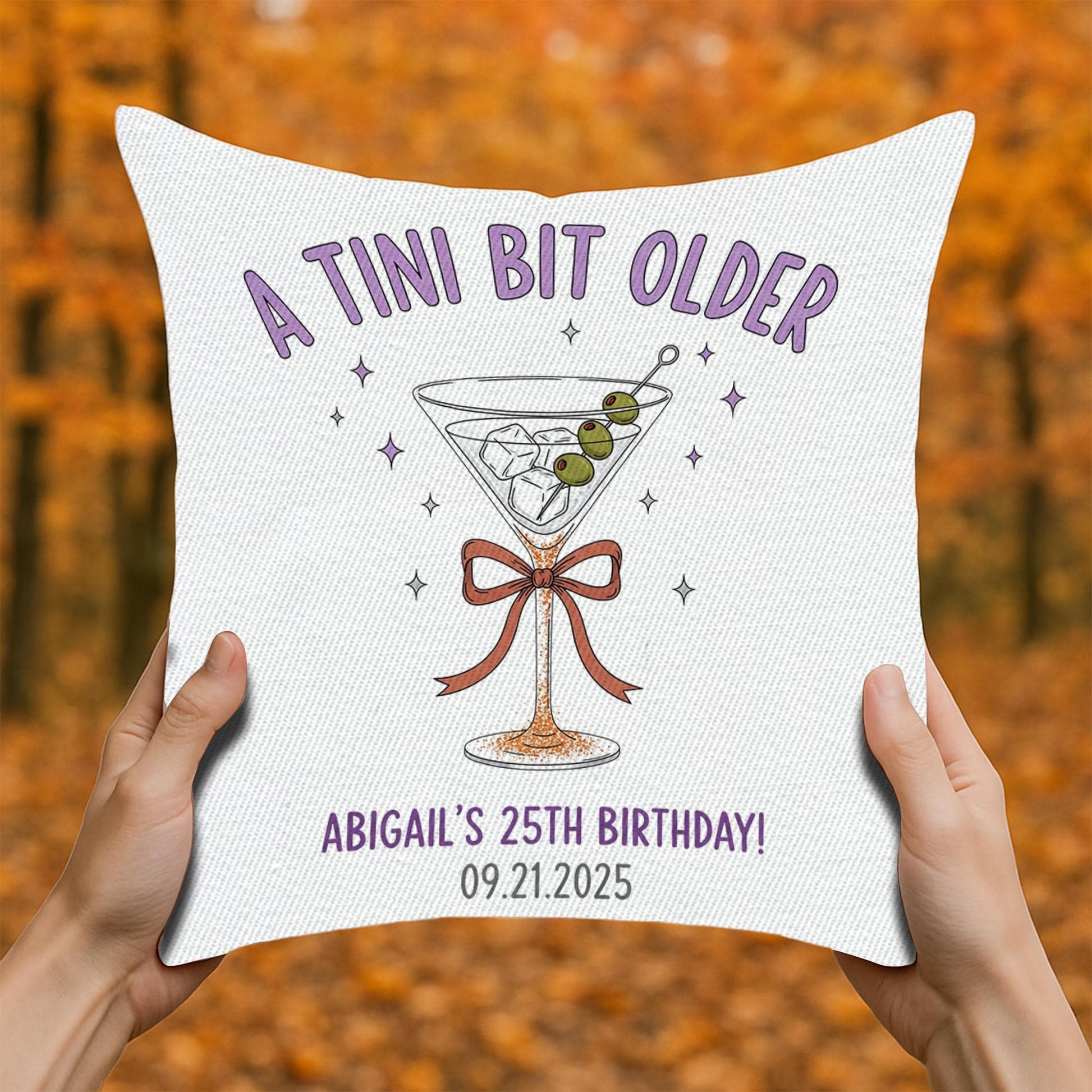 Personalized Martini Birthday Pillow: Custom Name & Age, USA Made