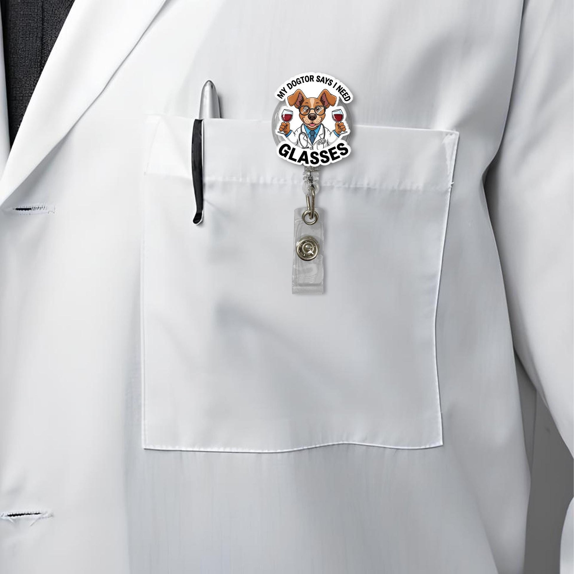 Funny Dogtor Badge Reel: Dog with Wine Glasses, Medical Humor
