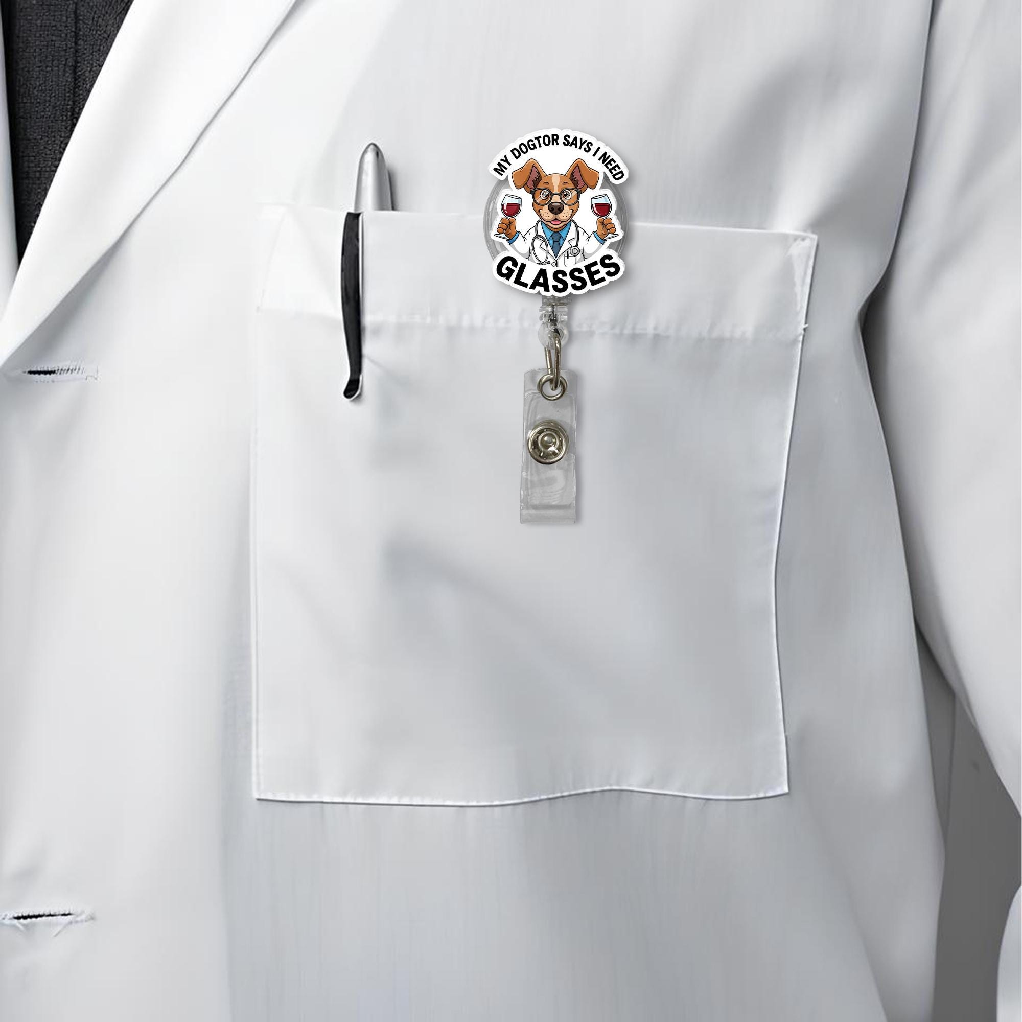 Funny Dogtor Badge Reel: Dog with Wine Glasses, Medical Humor