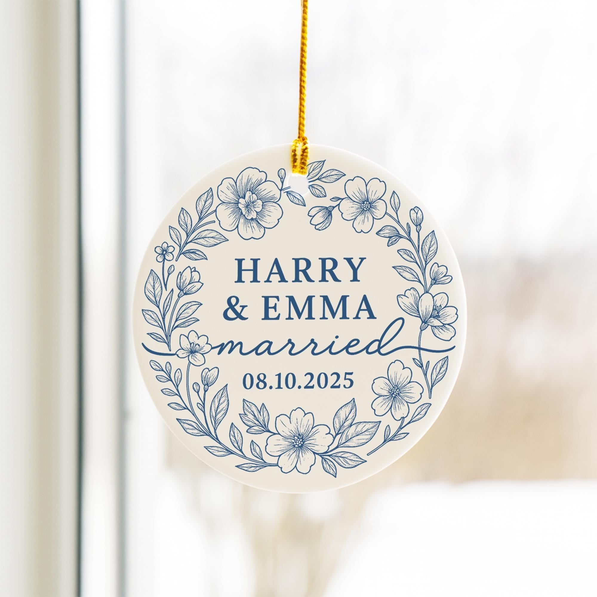 Wedding Ornament – Custom Toile de Jouy Ceramic Married Couple Keepsake