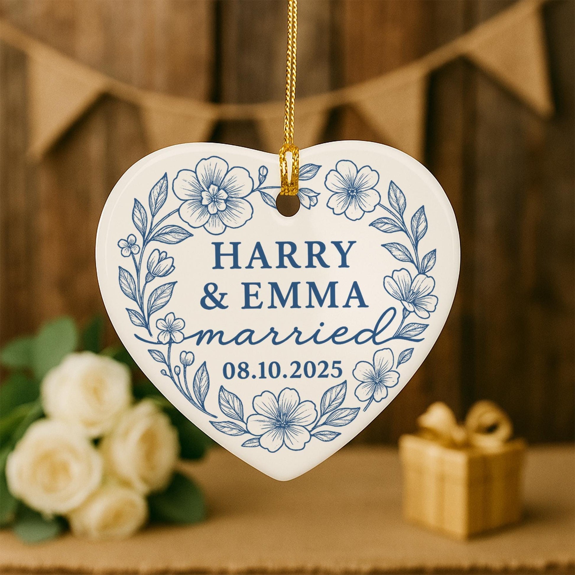 Wedding Ornament – Custom Toile de Jouy Ceramic Married Couple Keepsake