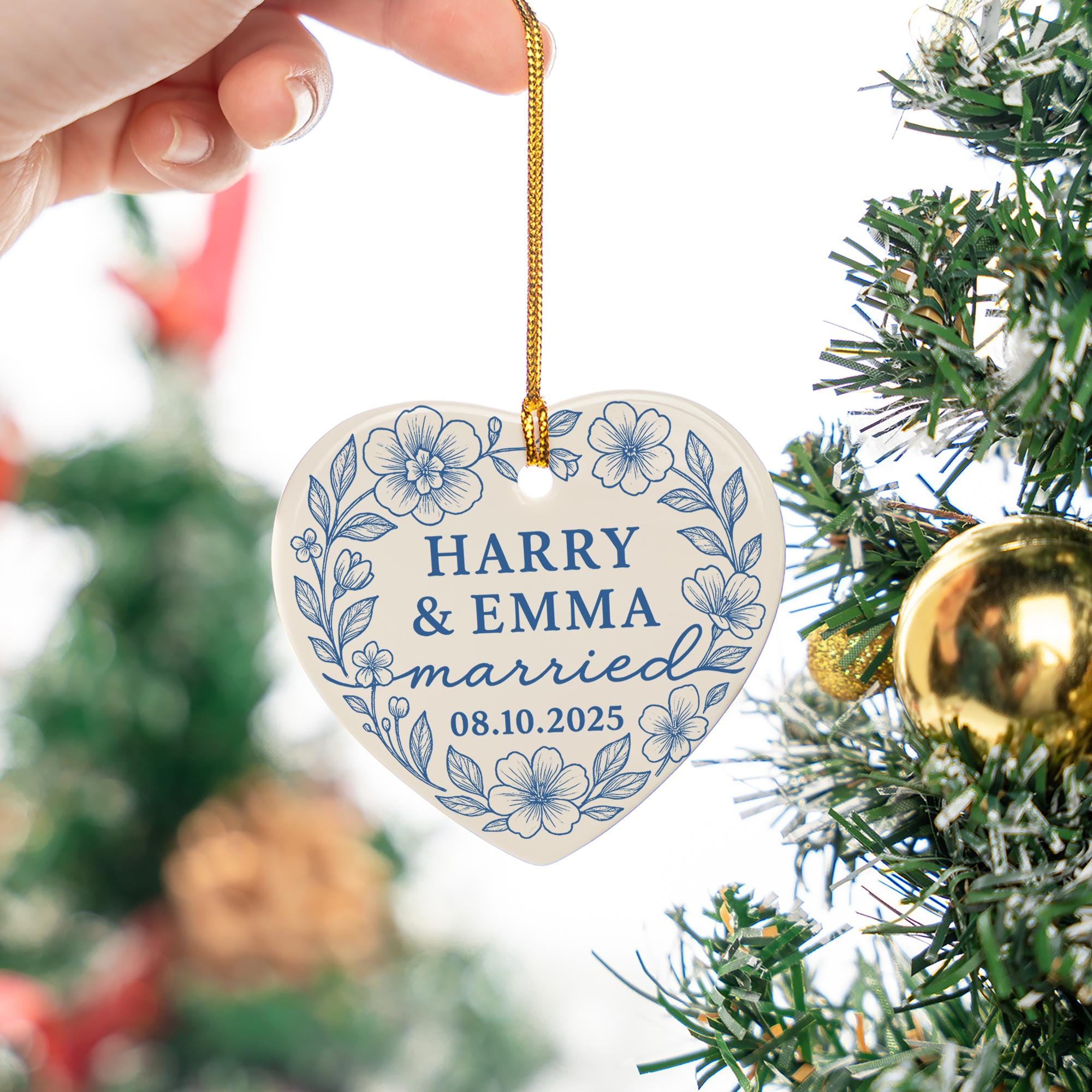 Wedding Ornament – Custom Toile de Jouy Ceramic Married Couple Keepsake
