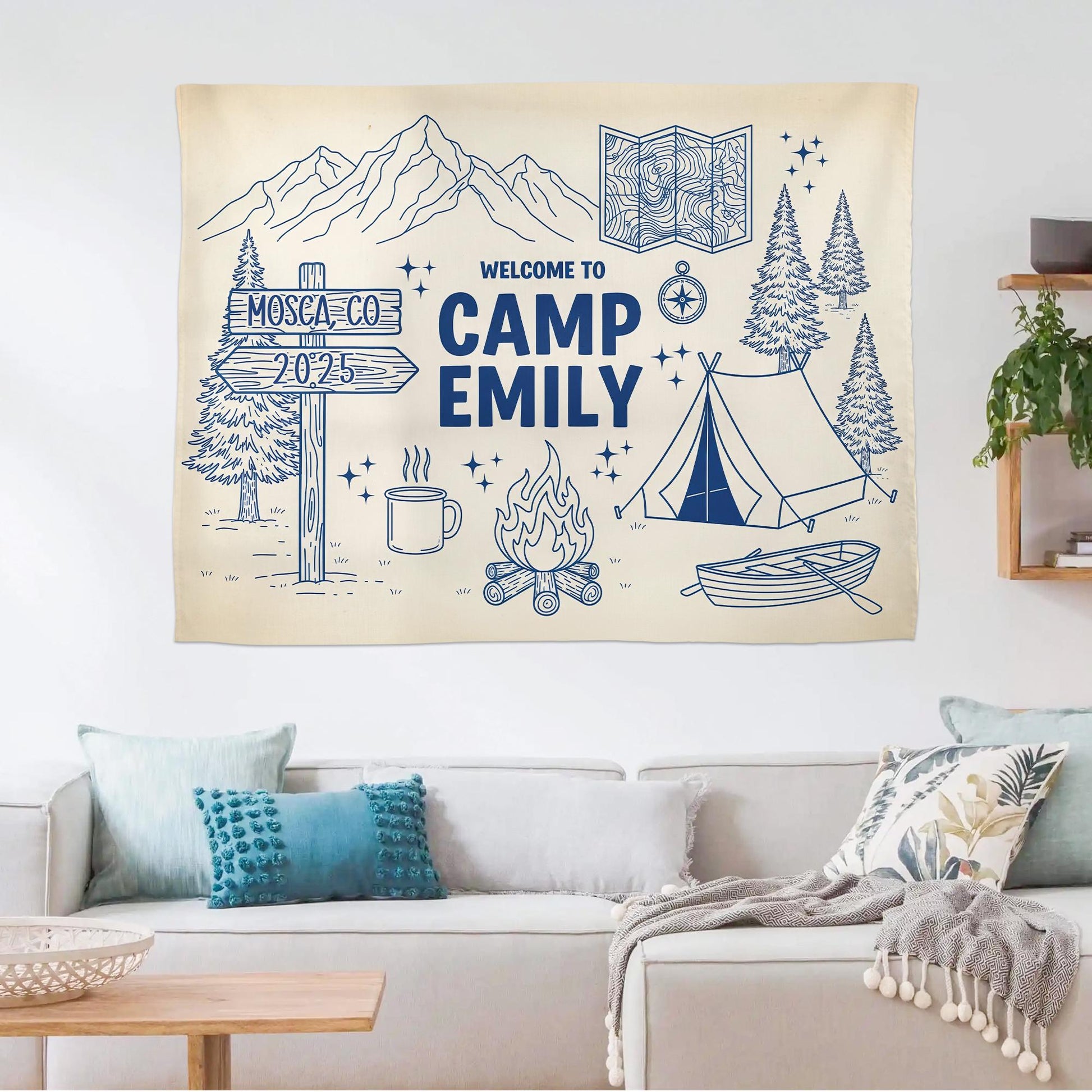 Personalized Camp Tapestry: Boho Mountain Decor, Custom Welcome Sign