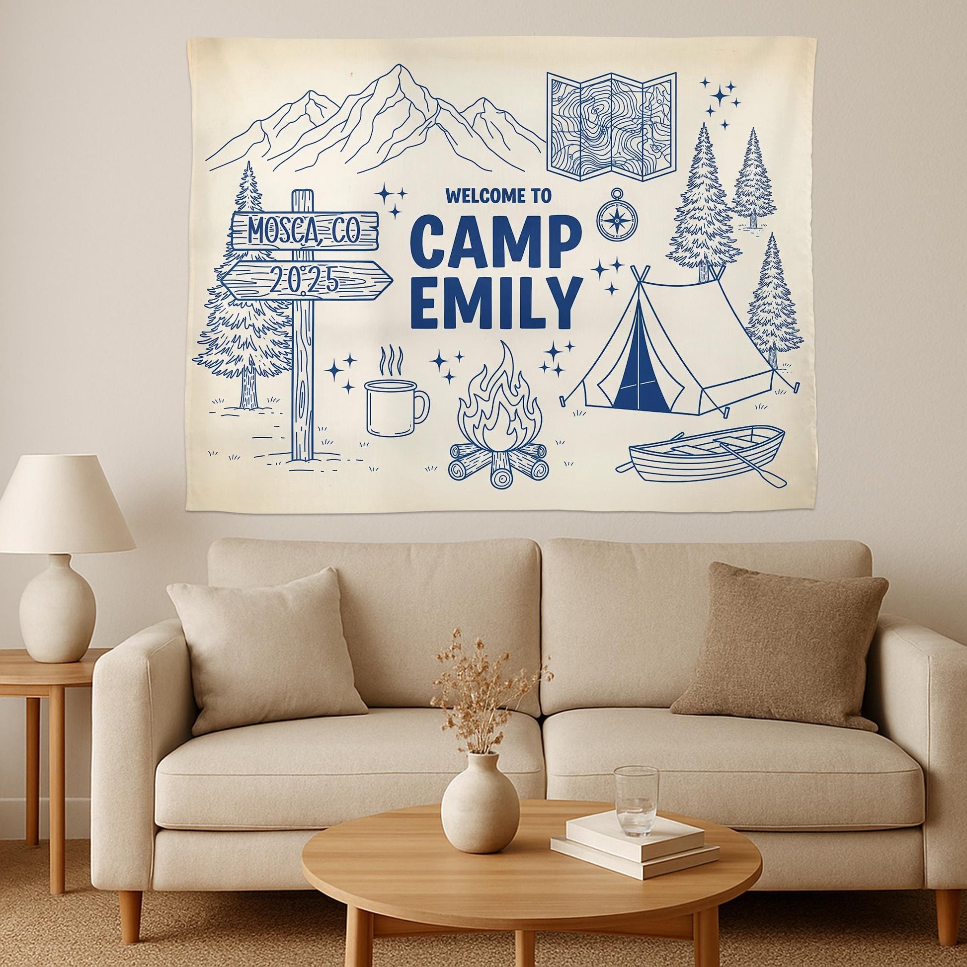 Personalized Camp Tapestry: Boho Mountain Decor, Custom Welcome Sign