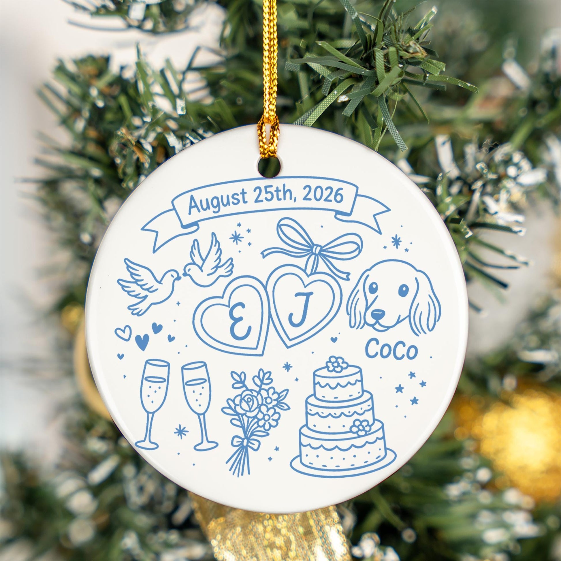 Wedding Ornament – Custom Ceramic Married Couple Keepsake with Date & Pet