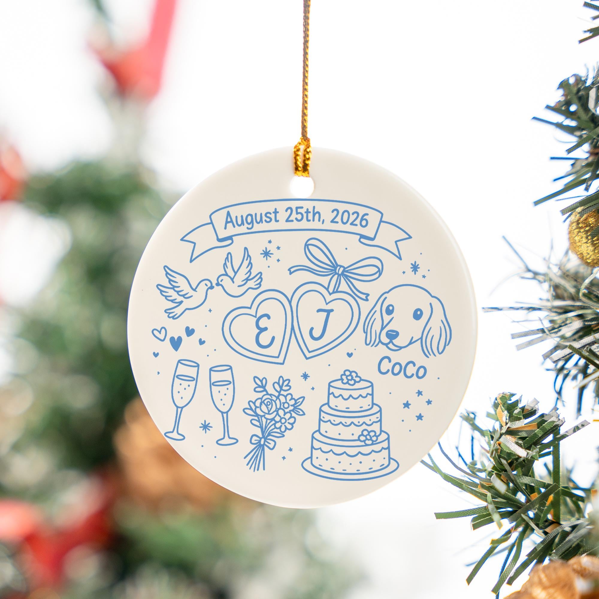Wedding Ornament – Custom Ceramic Married Couple Keepsake with Date & Pet
