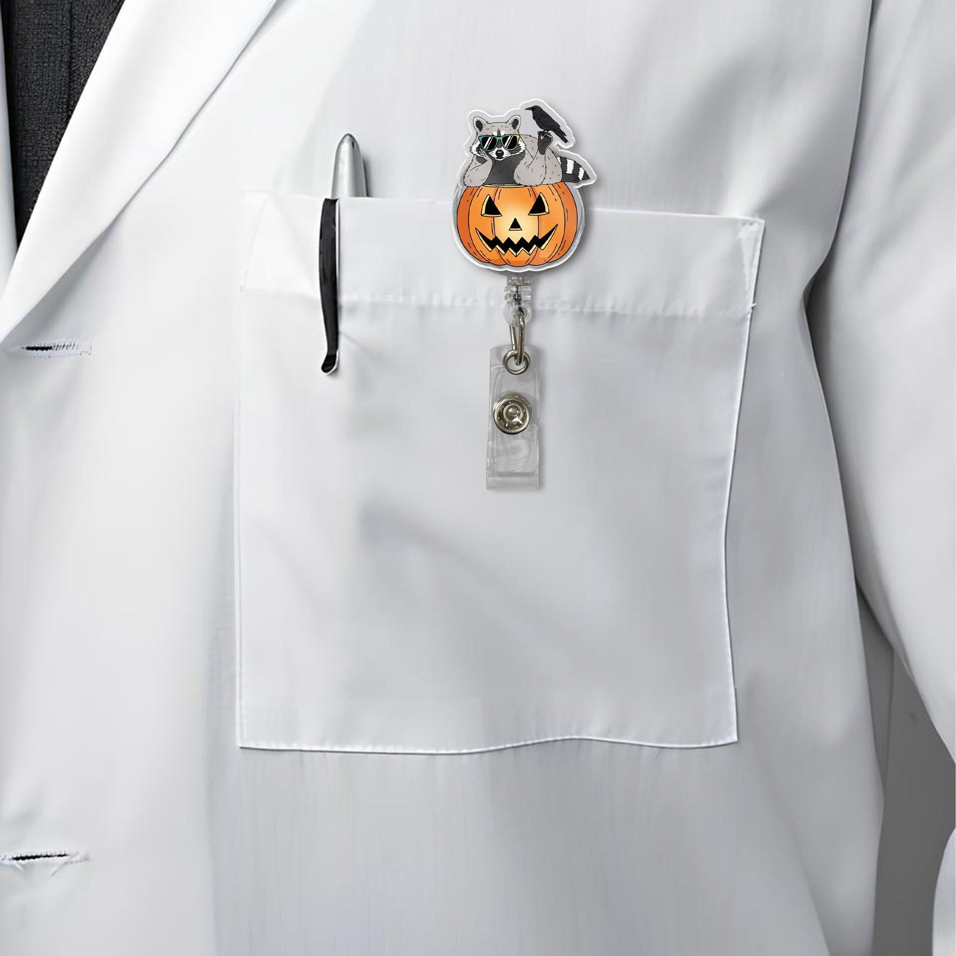 Raccoon Pumpkin Badge Reel – Cute Halloween ID Holder, Retractable Name Tag Clip, Nurse Badge Reel, Fall Work Accessory Gift