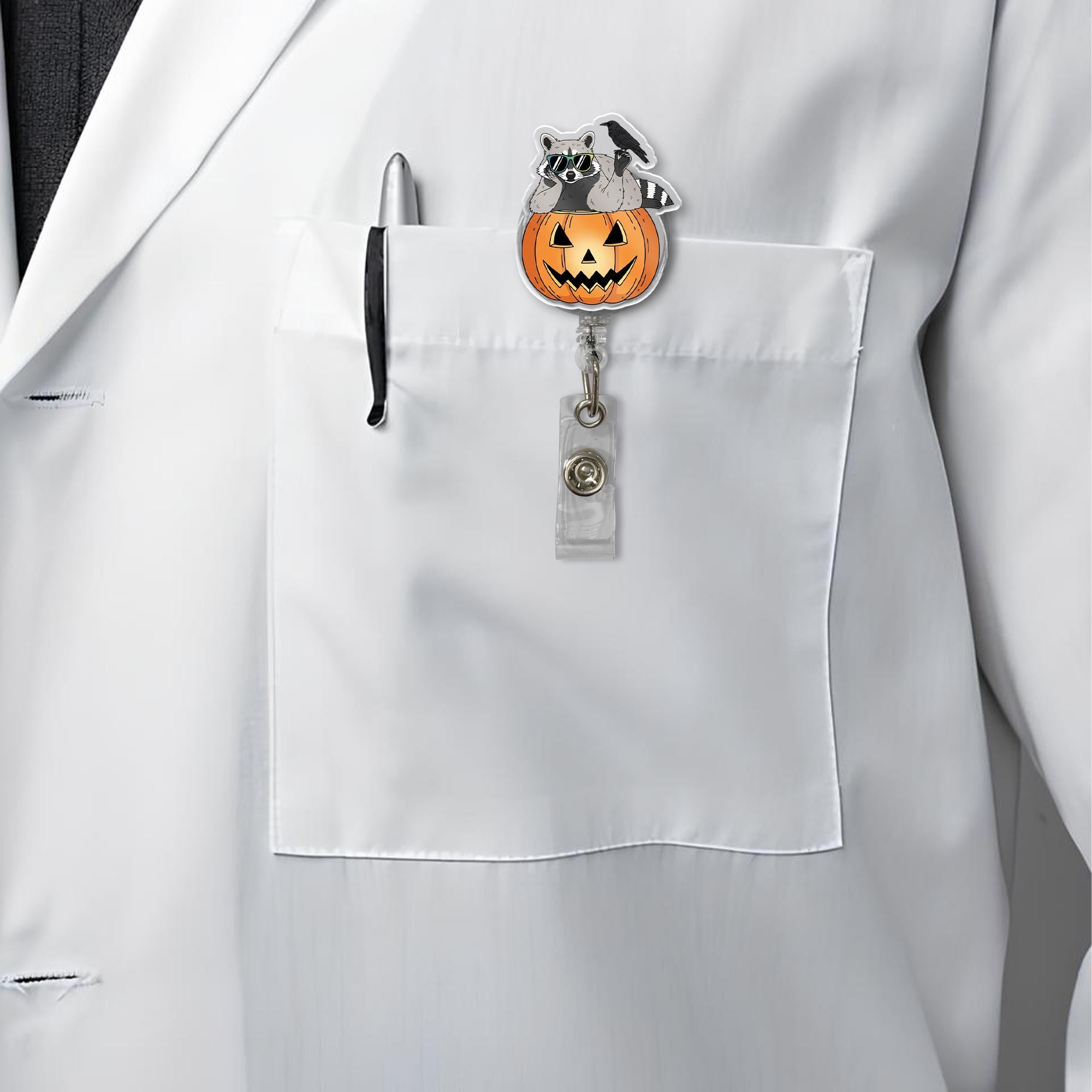 Raccoon Pumpkin Badge Reel – Cute Halloween ID Holder, Retractable Name Tag Clip, Nurse Badge Reel, Fall Work Accessory Gift