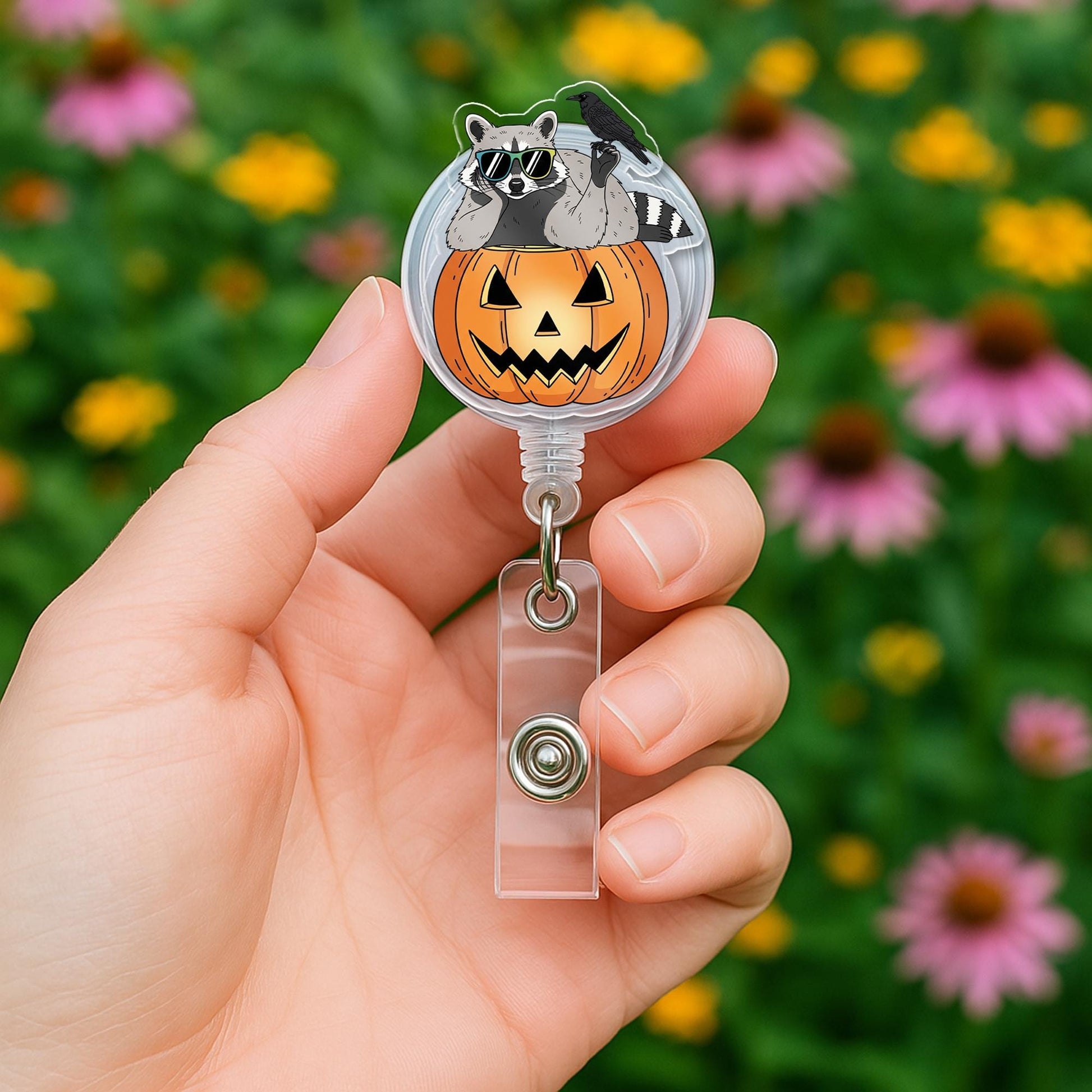Raccoon Pumpkin Badge Reel – Cute Halloween ID Holder, Retractable Name Tag Clip, Nurse Badge Reel, Fall Work Accessory Gift