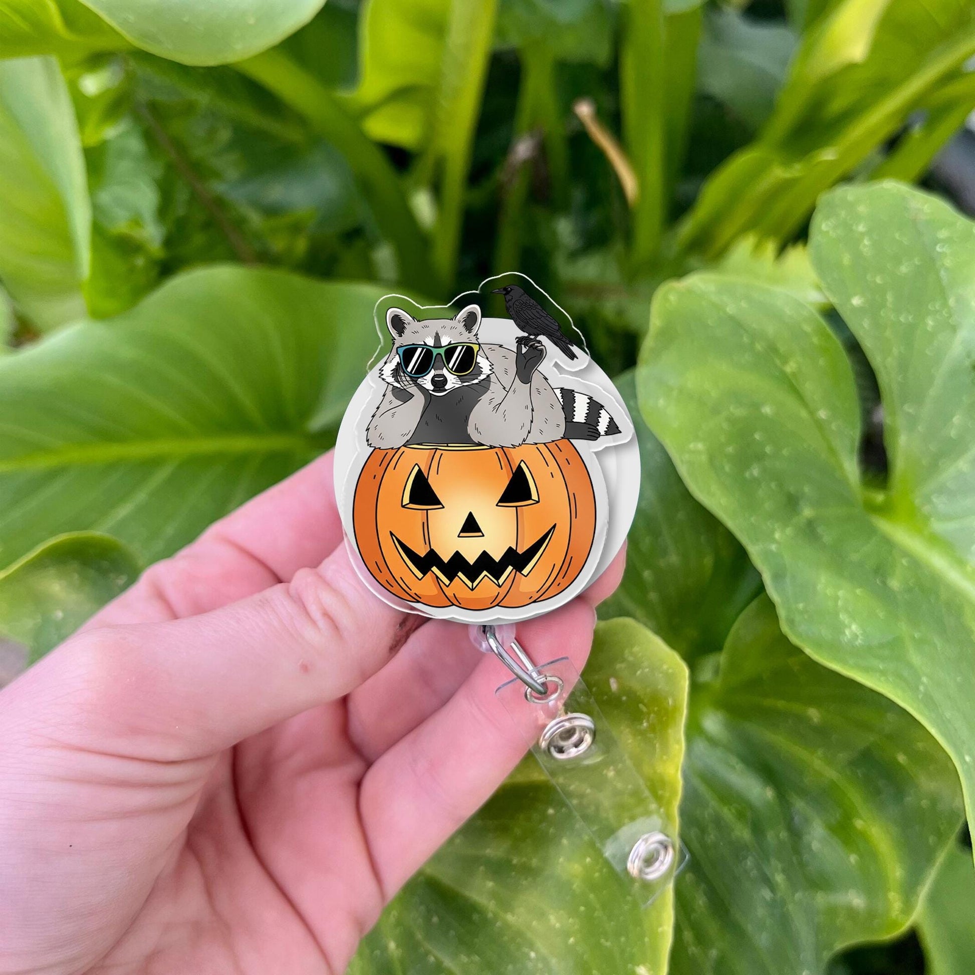 Raccoon Pumpkin Badge Reel – Cute Halloween ID Holder, Retractable Name Tag Clip, Nurse Badge Reel, Fall Work Accessory Gift