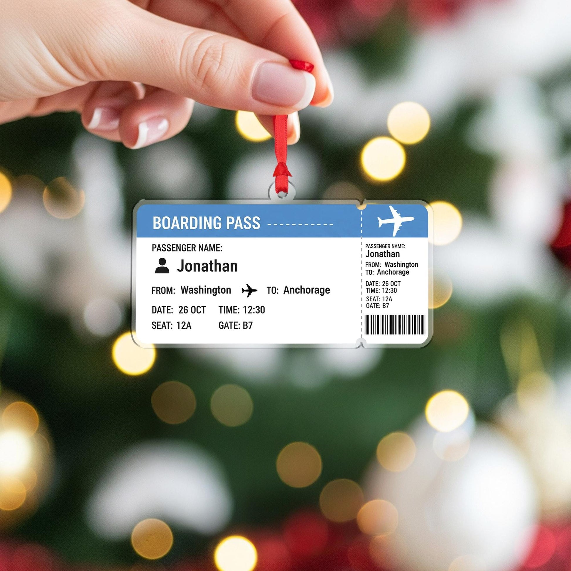 Boarding Pass Ornament – Personalized Travel Gift, Custom Airline Ticket Christmas Keepsake