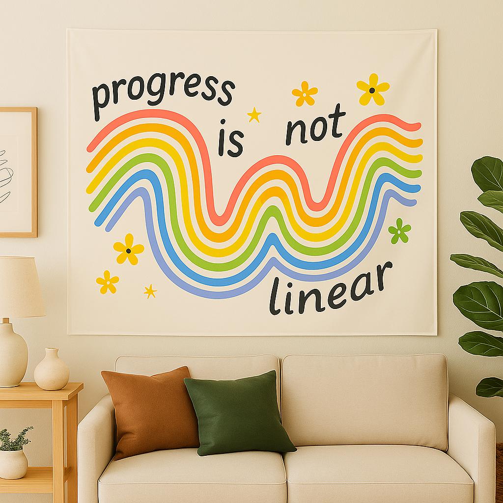 Motivational Tapestry – Rainbow Quote Wall Hanging Progress Is Not Linear