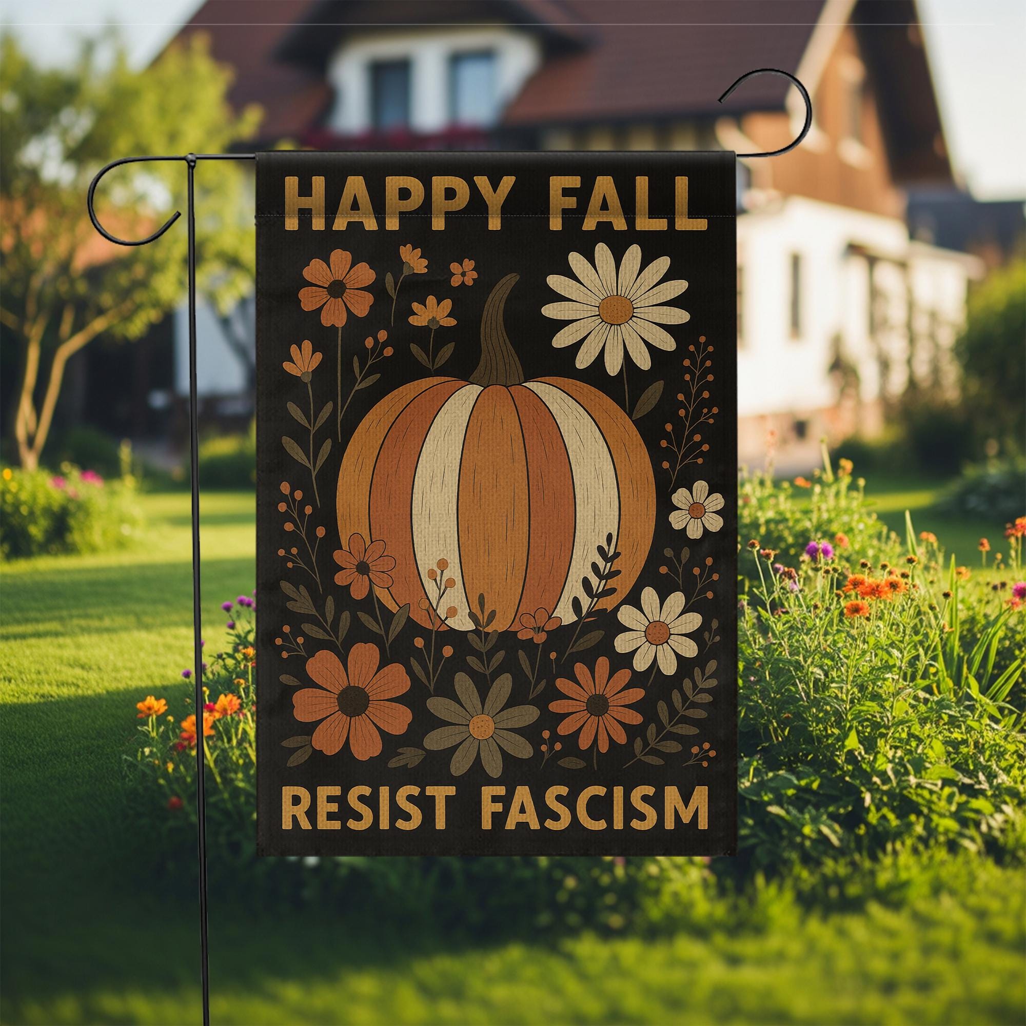 Fall Garden Flag – Pumpkin Autumn Yard Decor with Resist Fascism Message - O92790DAN7