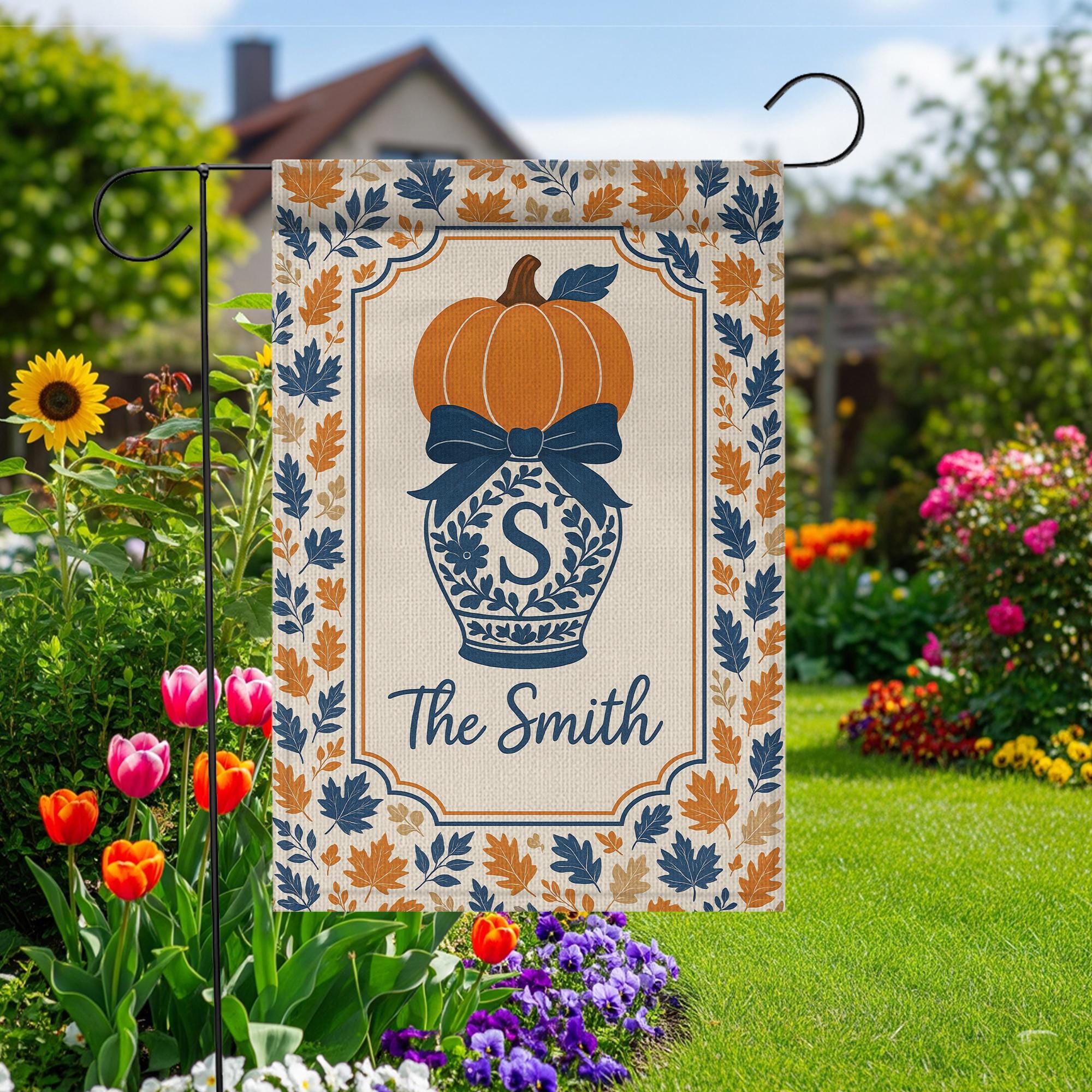 Custom Fall Flag – Chinoiserie Pumpkin Garden Flag with Family Name Decor