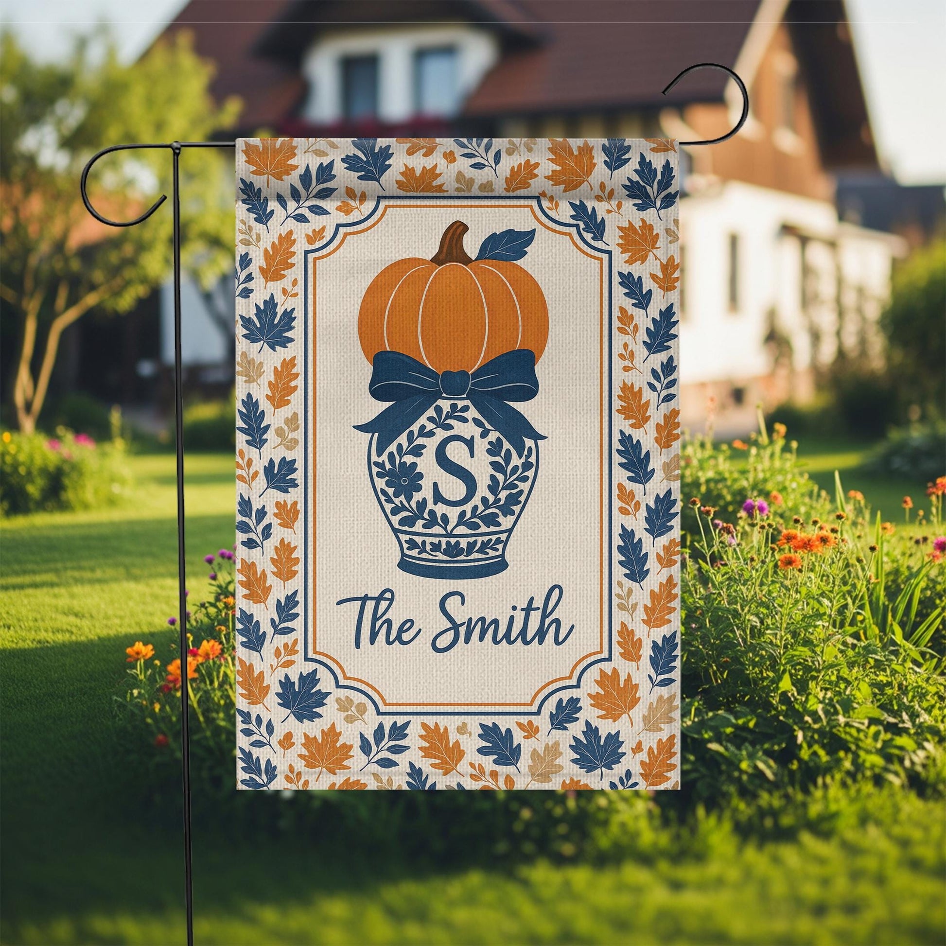 Custom Fall Flag – Chinoiserie Pumpkin Garden Flag with Family Name Decor