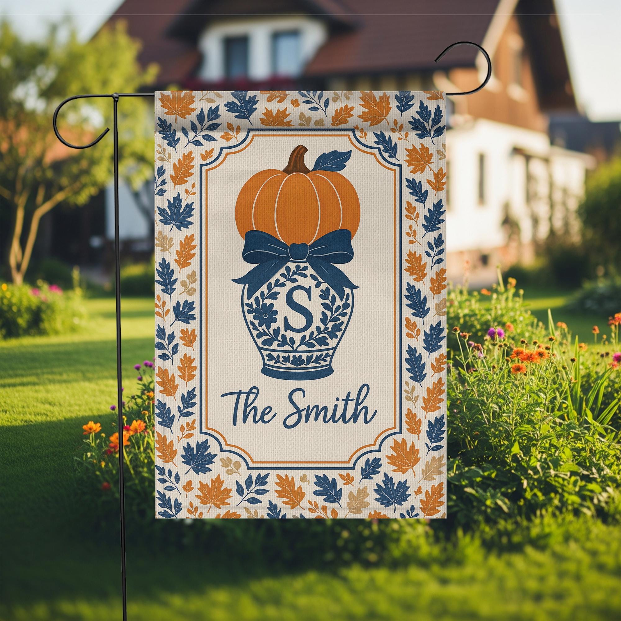 Custom Fall Flag – Chinoiserie Pumpkin Garden Flag with Family Name Decor