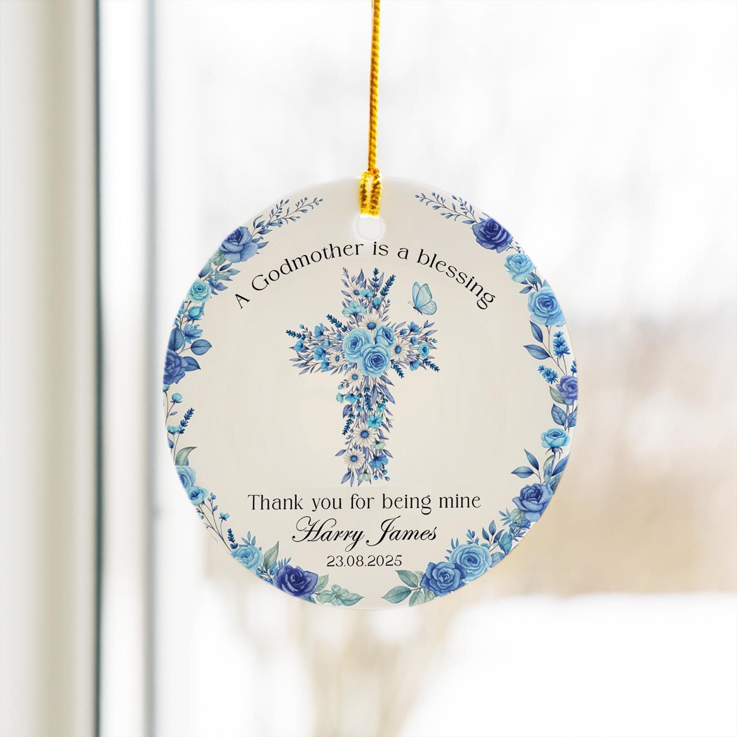 Personalized Godmother Gift Ornament: Floral Cross Ceramic Keepsake