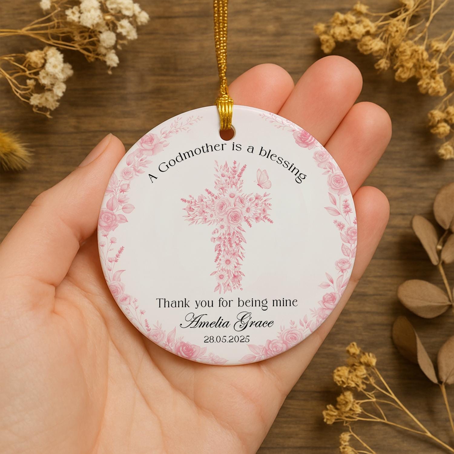 Personalized Godmother Gift Ornament: Floral Cross Ceramic Keepsake
