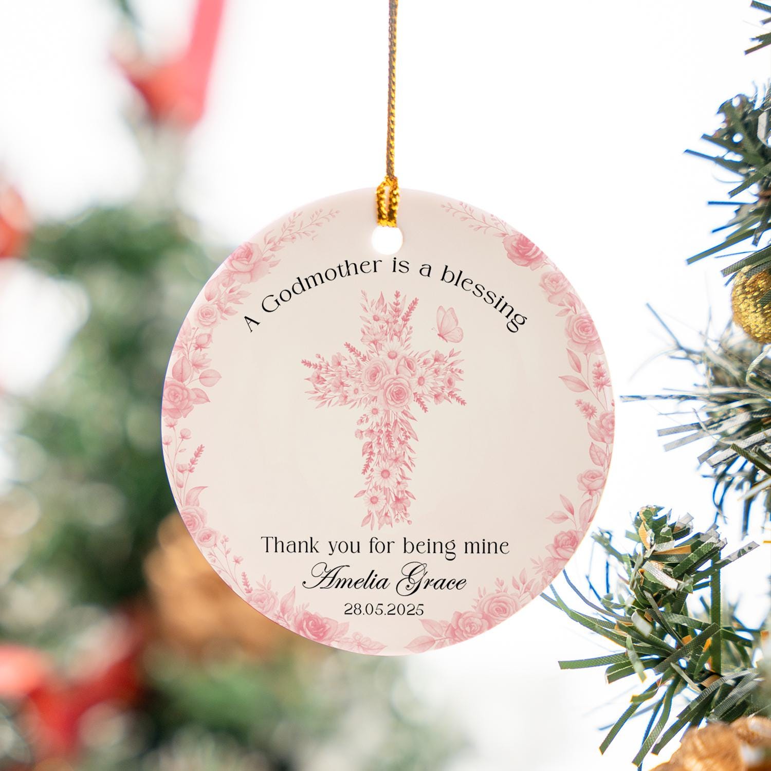 Personalized Godmother Gift Ornament: Floral Cross Ceramic Keepsake