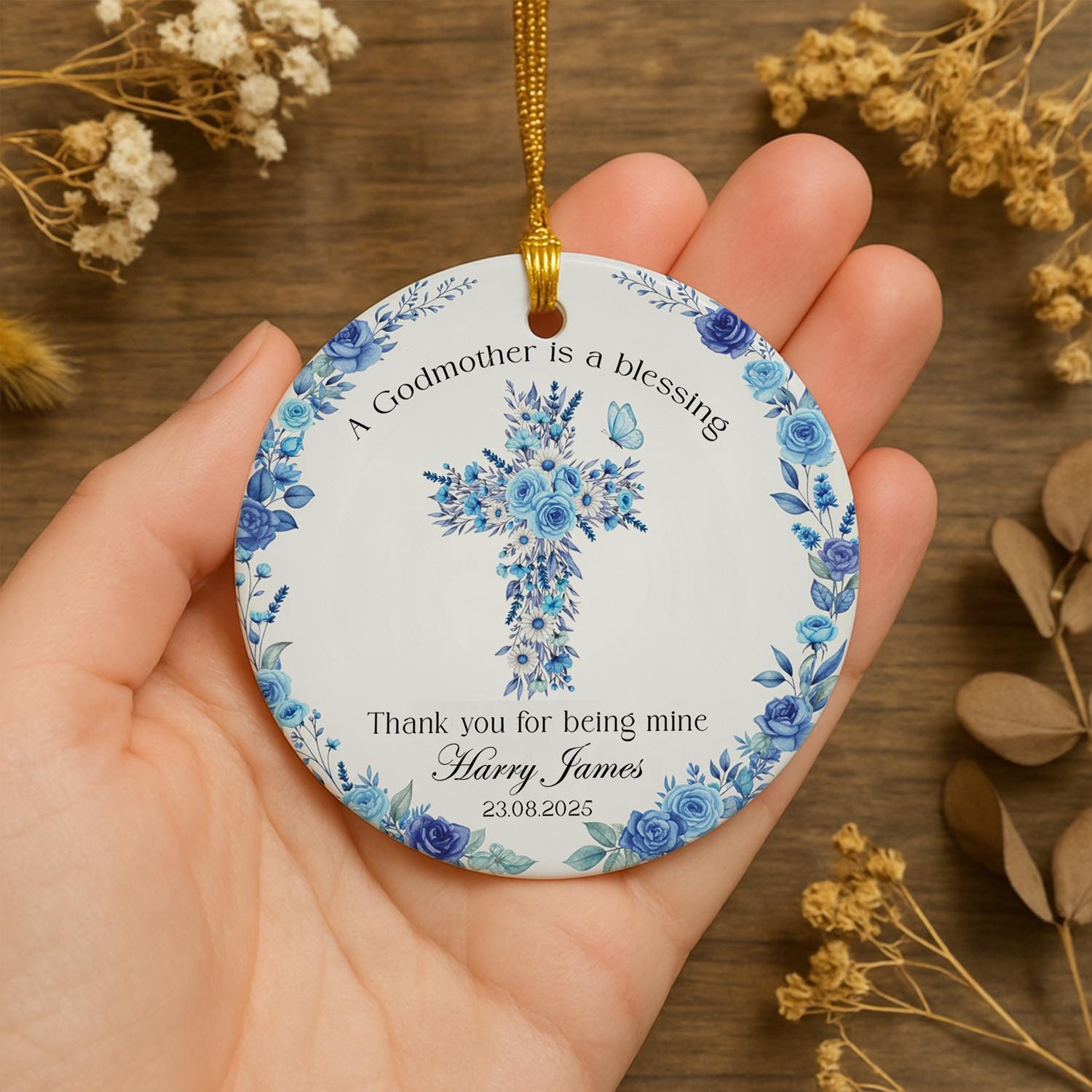 Personalized Godmother Gift Ornament: Floral Cross Ceramic Keepsake