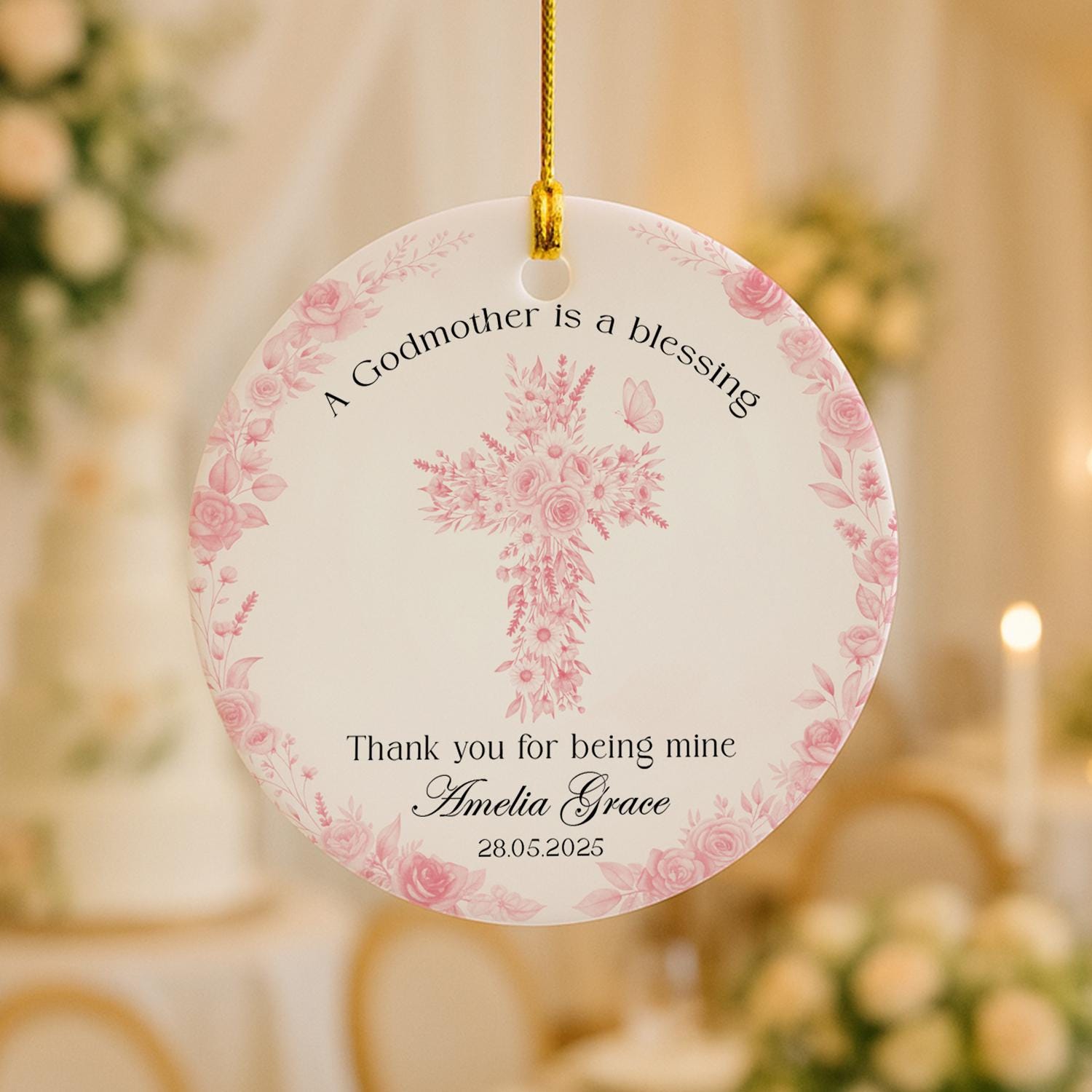 Personalized Godmother Gift Ornament: Floral Cross Ceramic Keepsake