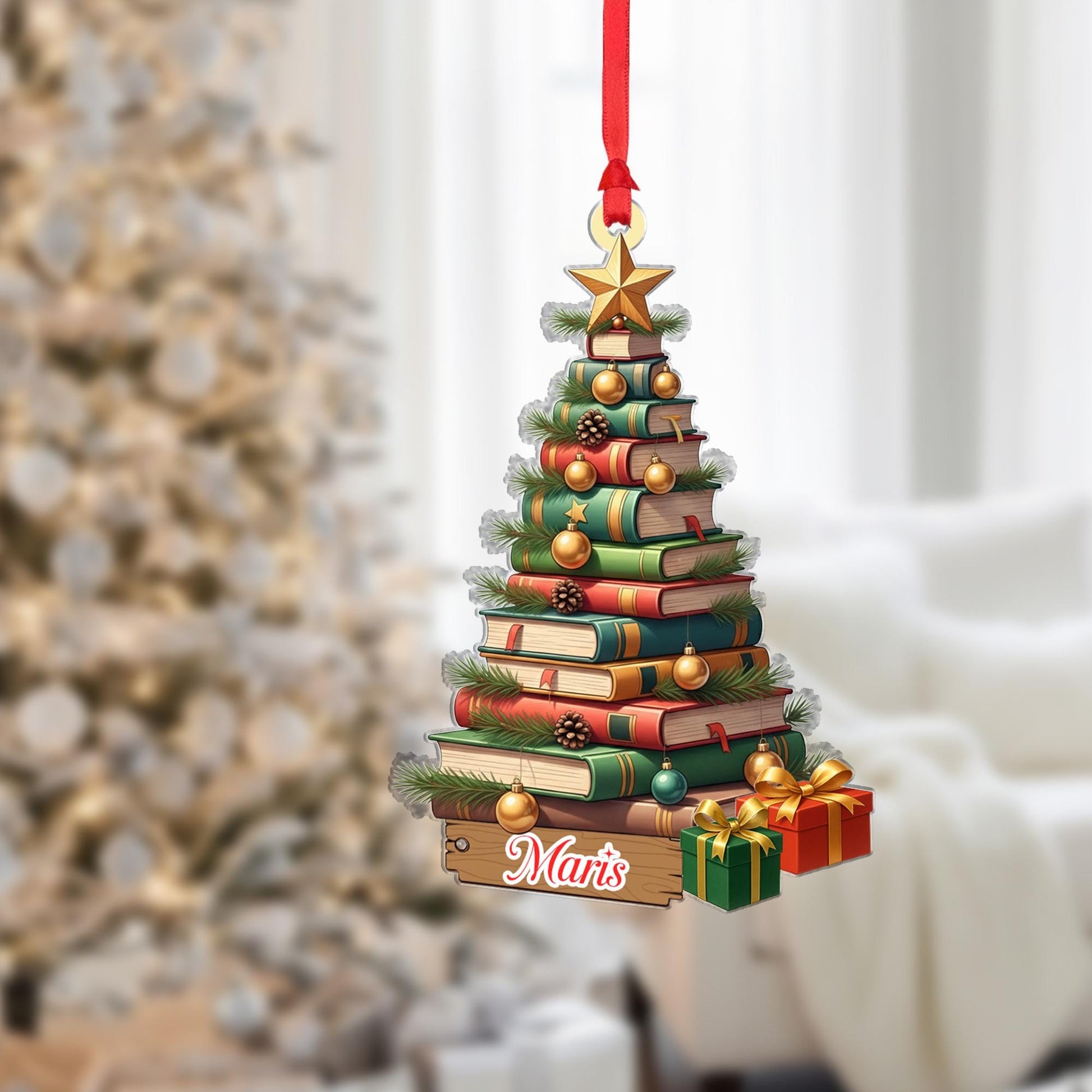 Personalized Book Lover Christmas Ornament: Fiber Wood Tree
