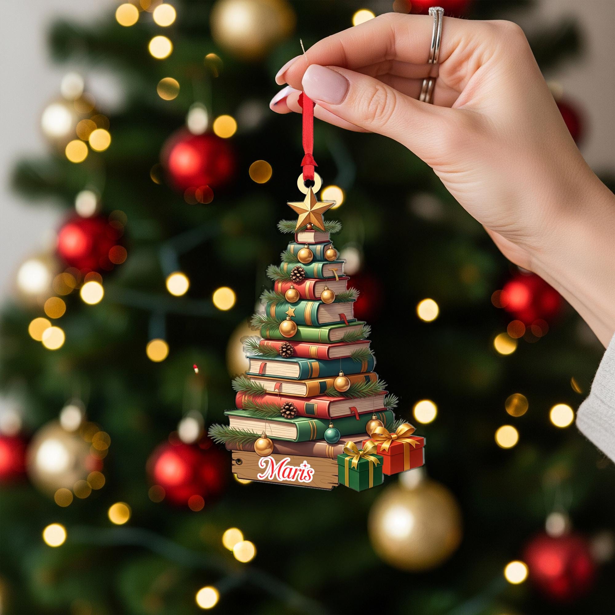 Personalized Book Lover Christmas Ornament: Fiber Wood Tree