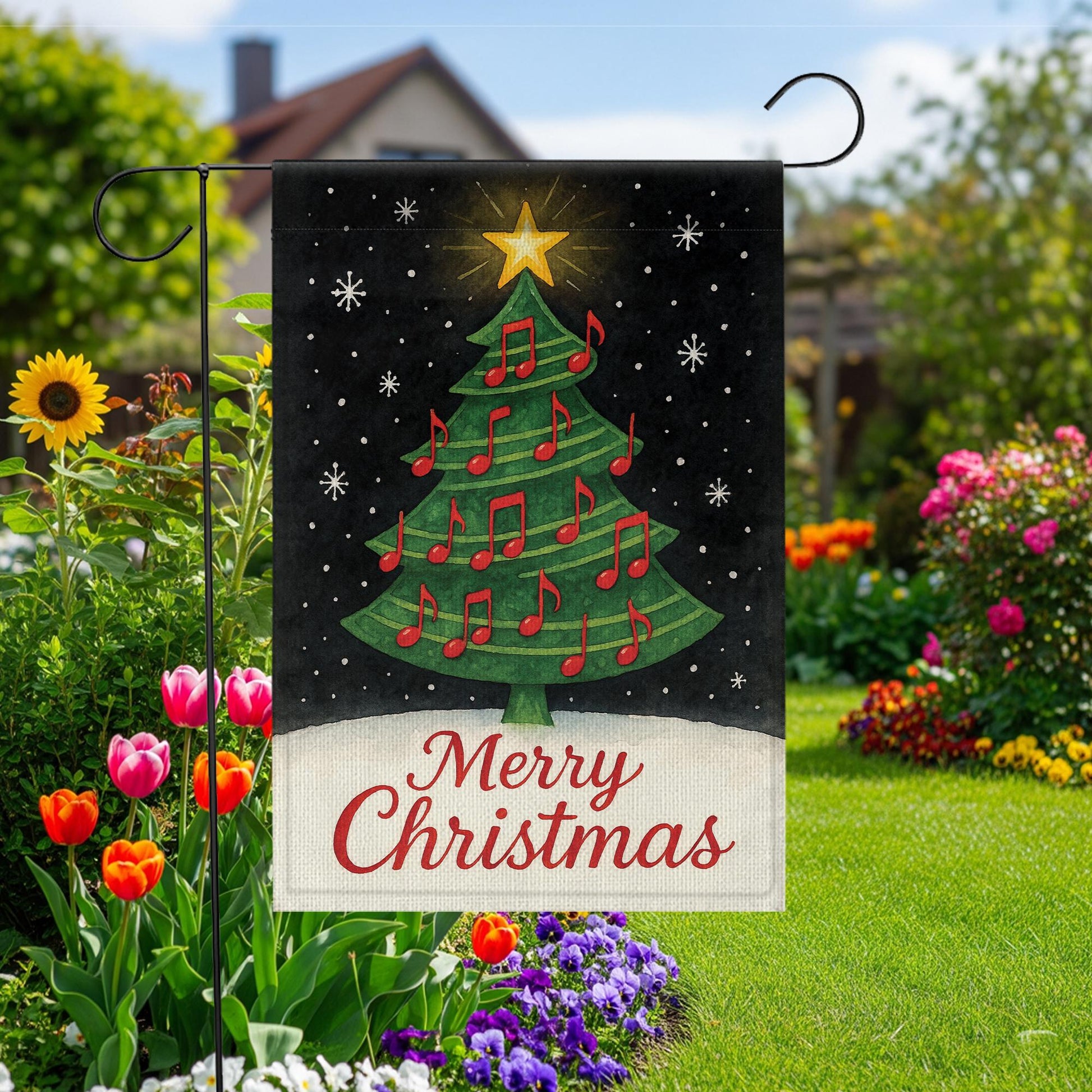 Musical Christmas Tree Garden Flag: Double-Sided Polyester