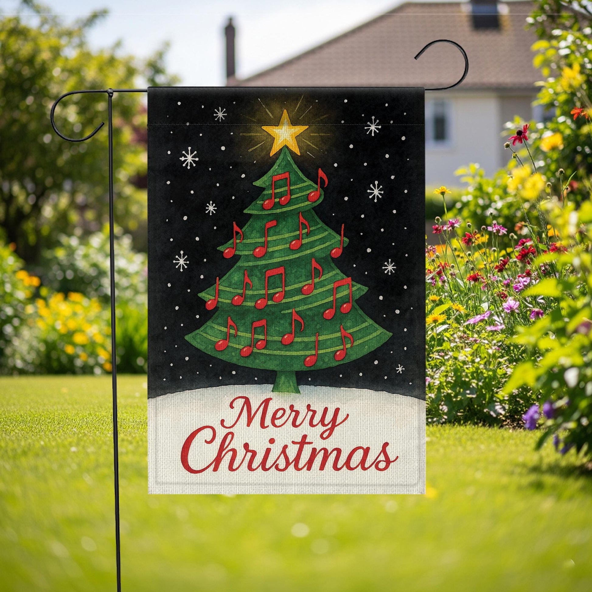 Musical Christmas Tree Garden Flag: Double-Sided Polyester