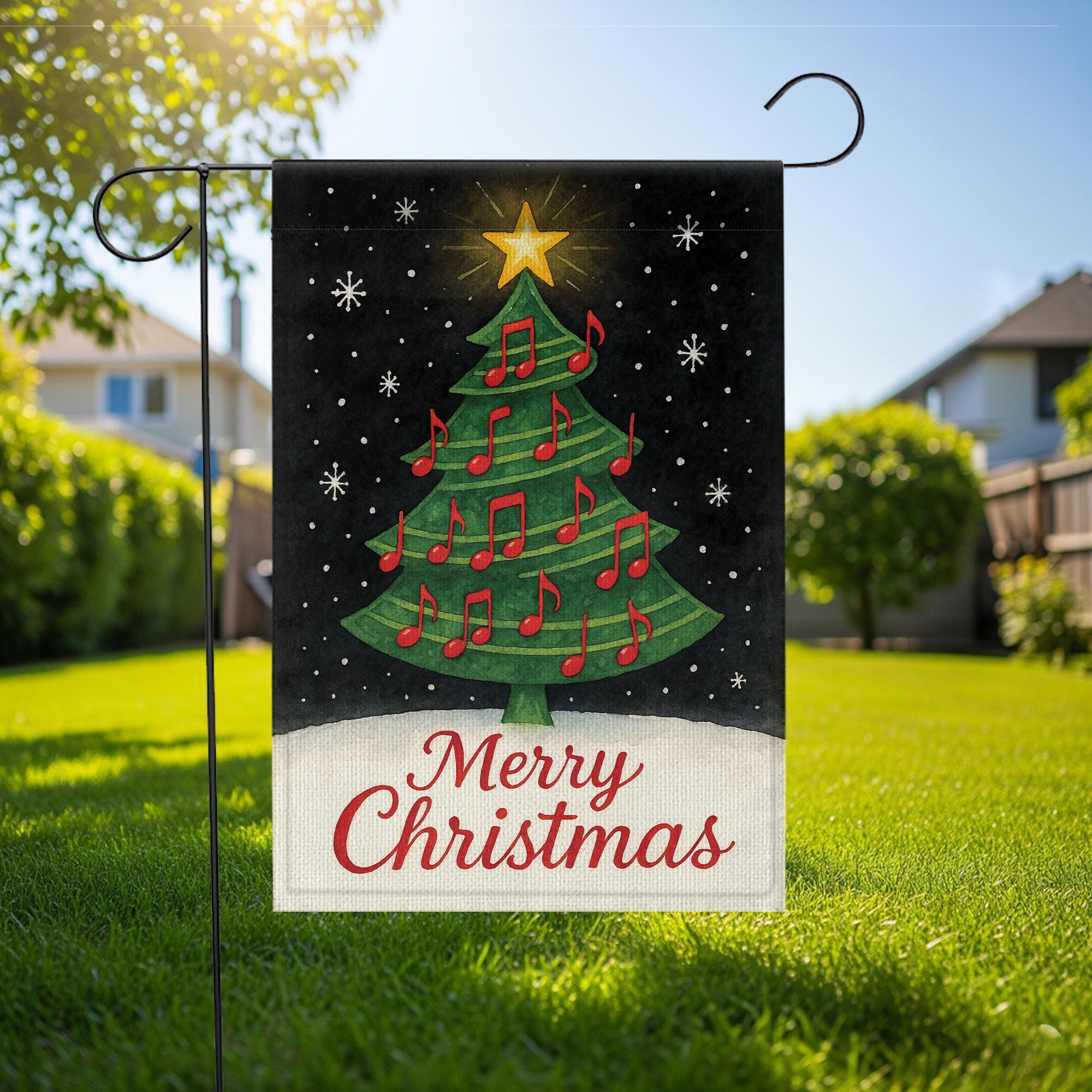 Musical Christmas Tree Garden Flag: Double-Sided Polyester